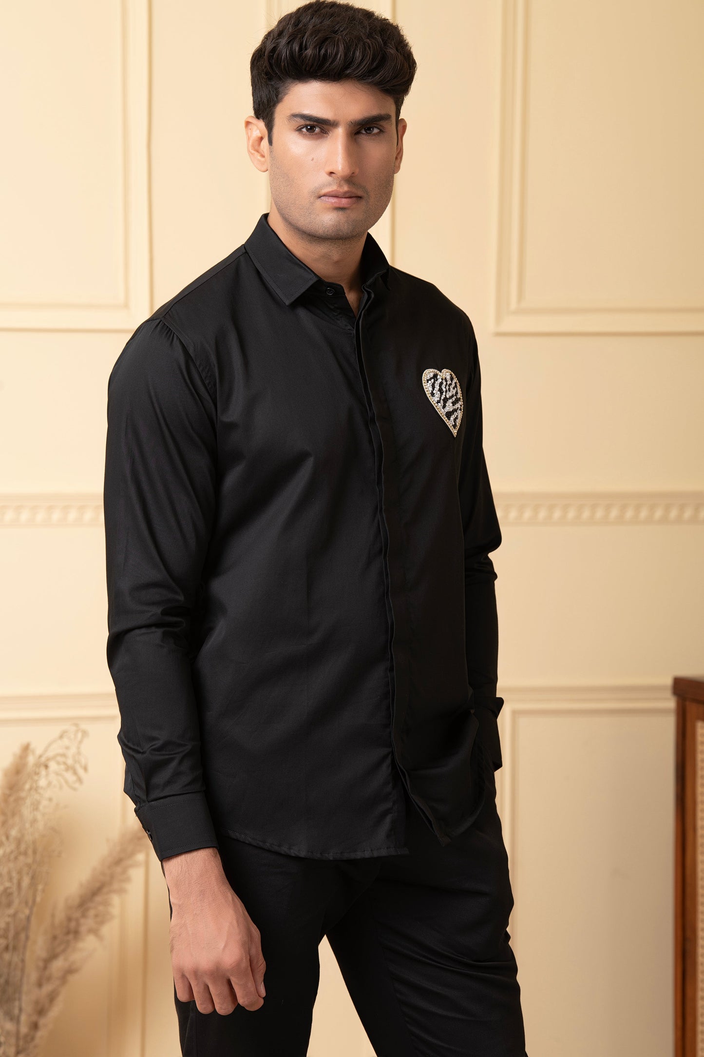 White And Black Heart Shaped Patch Shirt by Hilo Design - Distacart