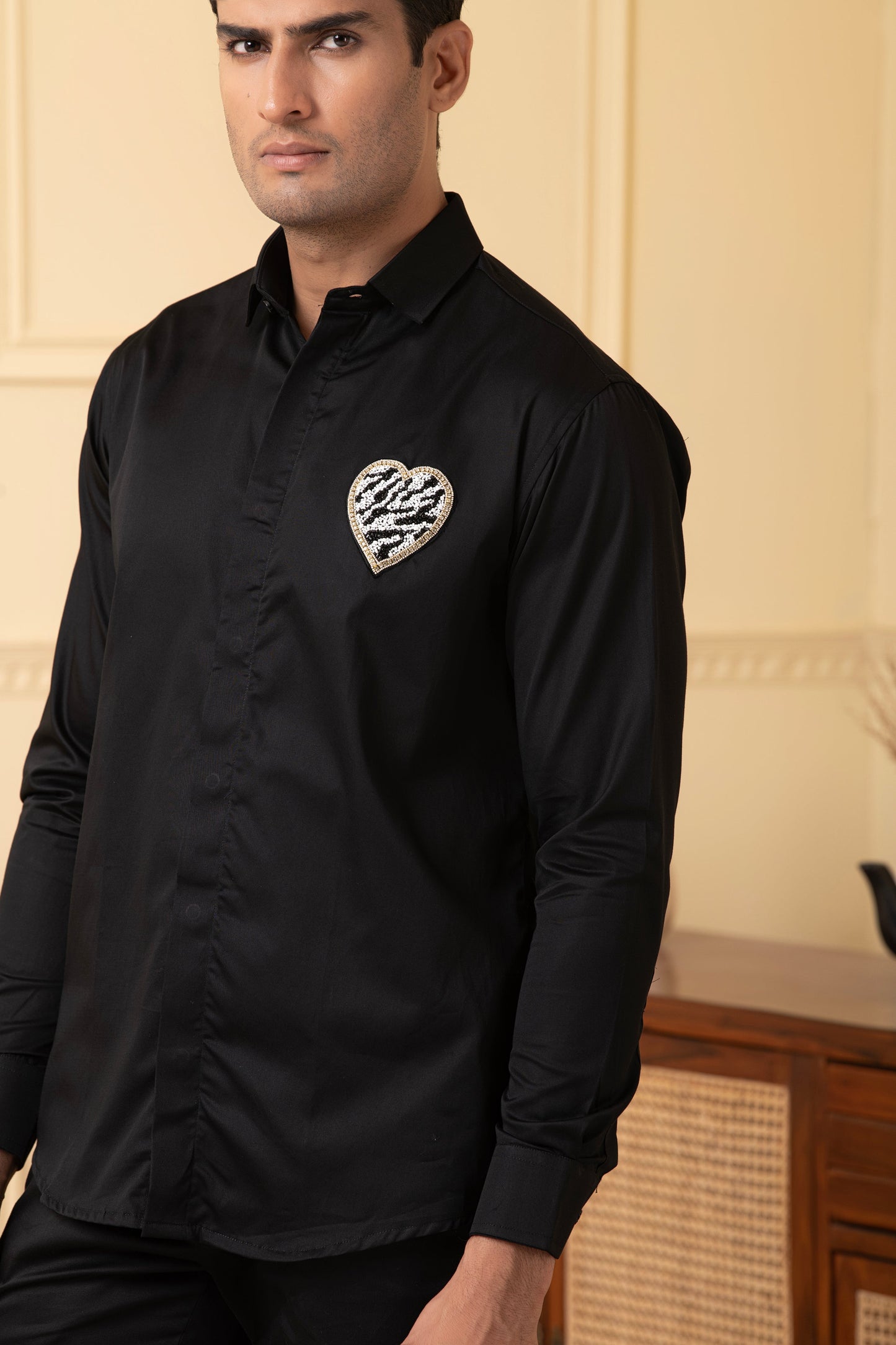 White And Black Heart Shaped Patch Shirt by Hilo Design - Distacart