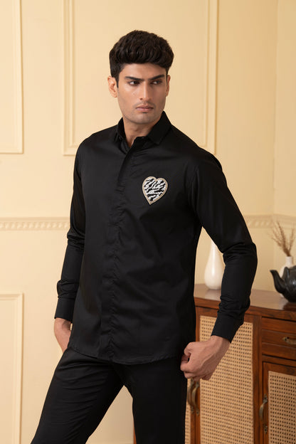 White And Black Heart Shaped Patch Shirt by Hilo Design - Distacart