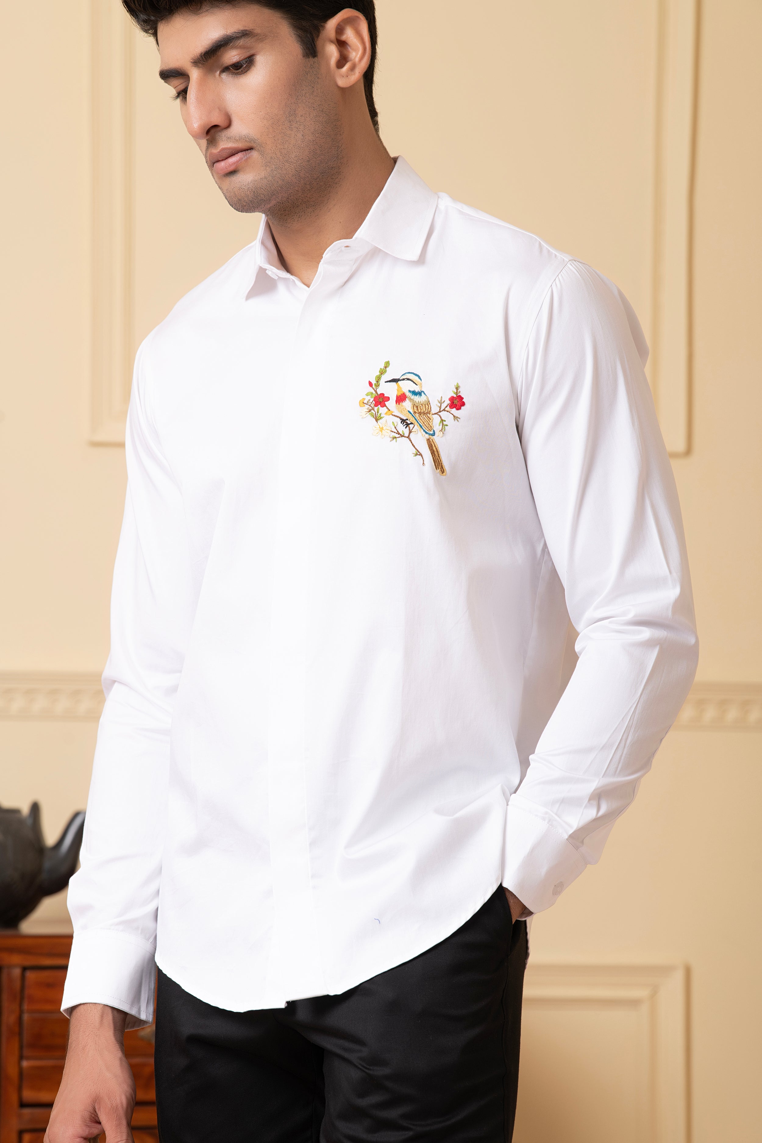 Bird And Stem Embroidery Shirt by Hilo Design - Distacart