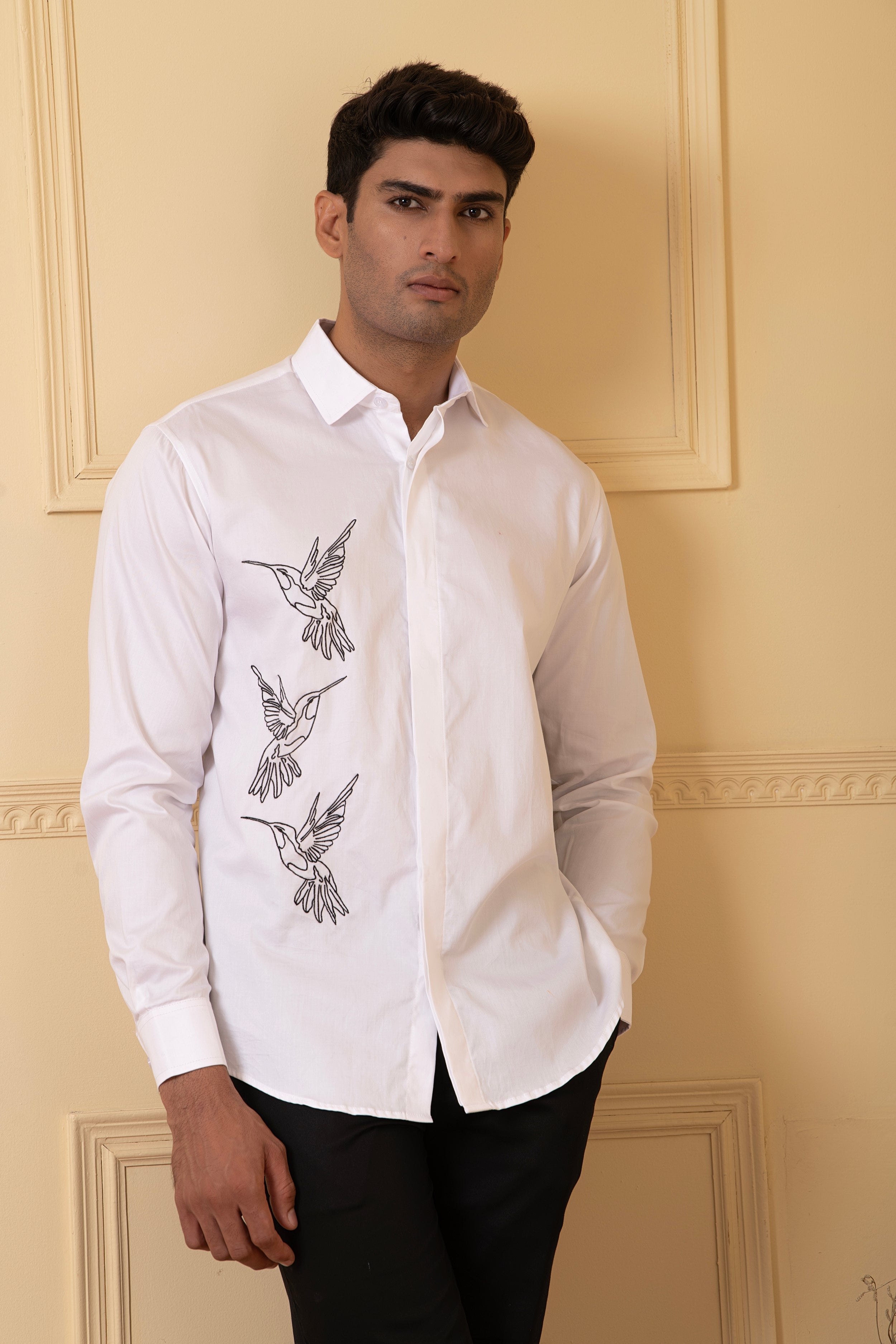 Aurora Birds Line Embroidery Shirt by Hilo Design - Distacart