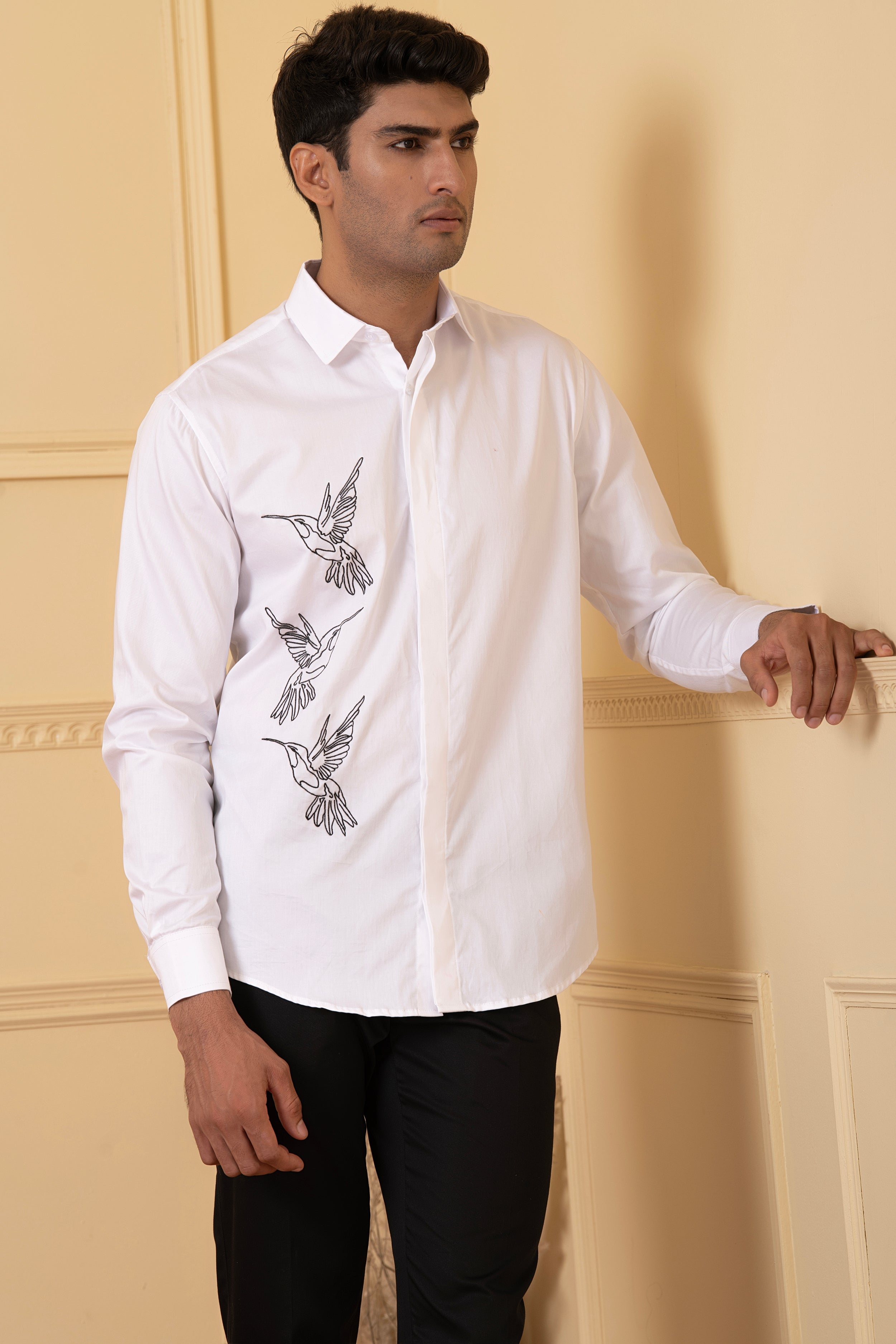 Aurora Birds Line Embroidery Shirt by Hilo Design