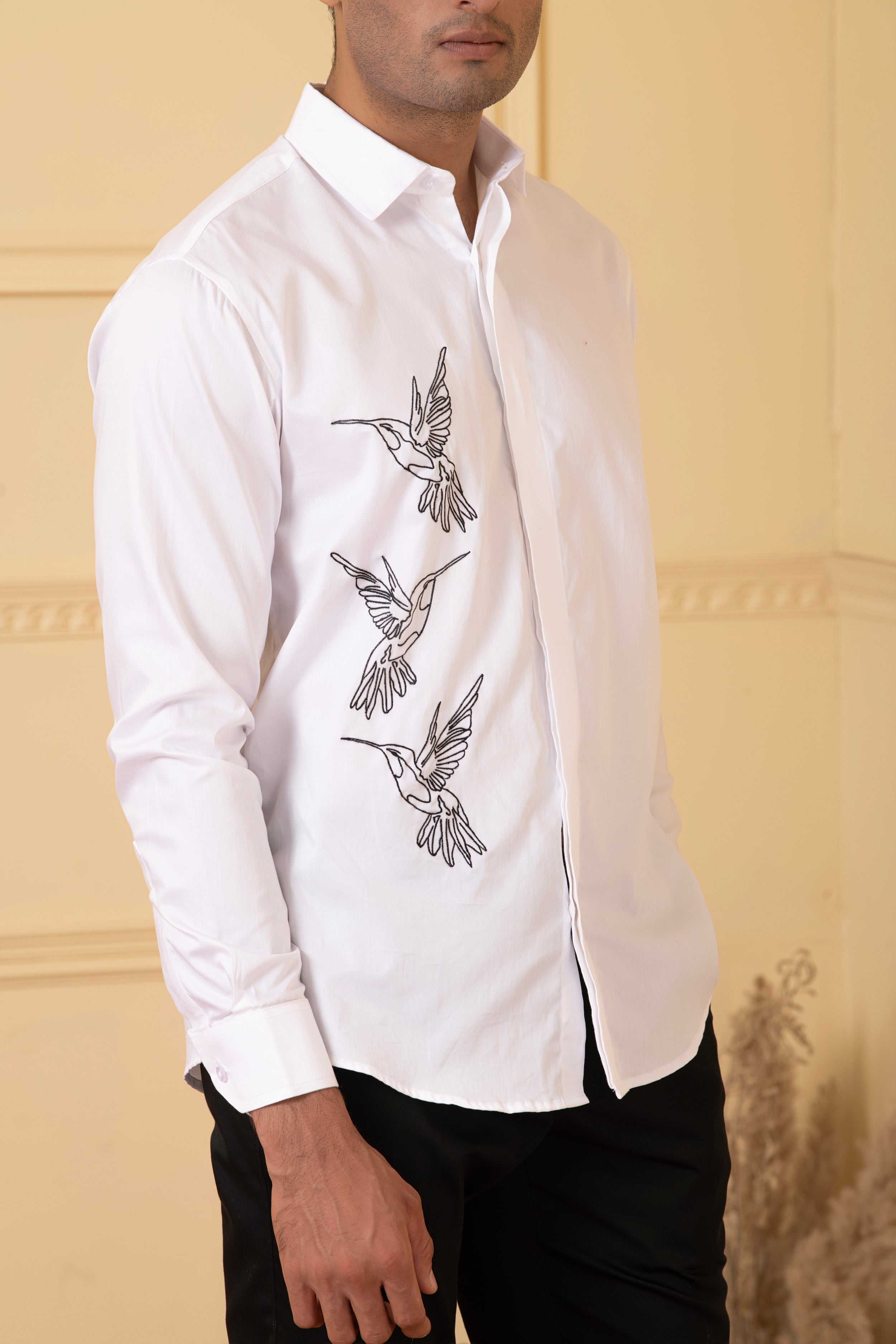 Aurora Birds Line Embroidery Shirt by Hilo Design - Distacart