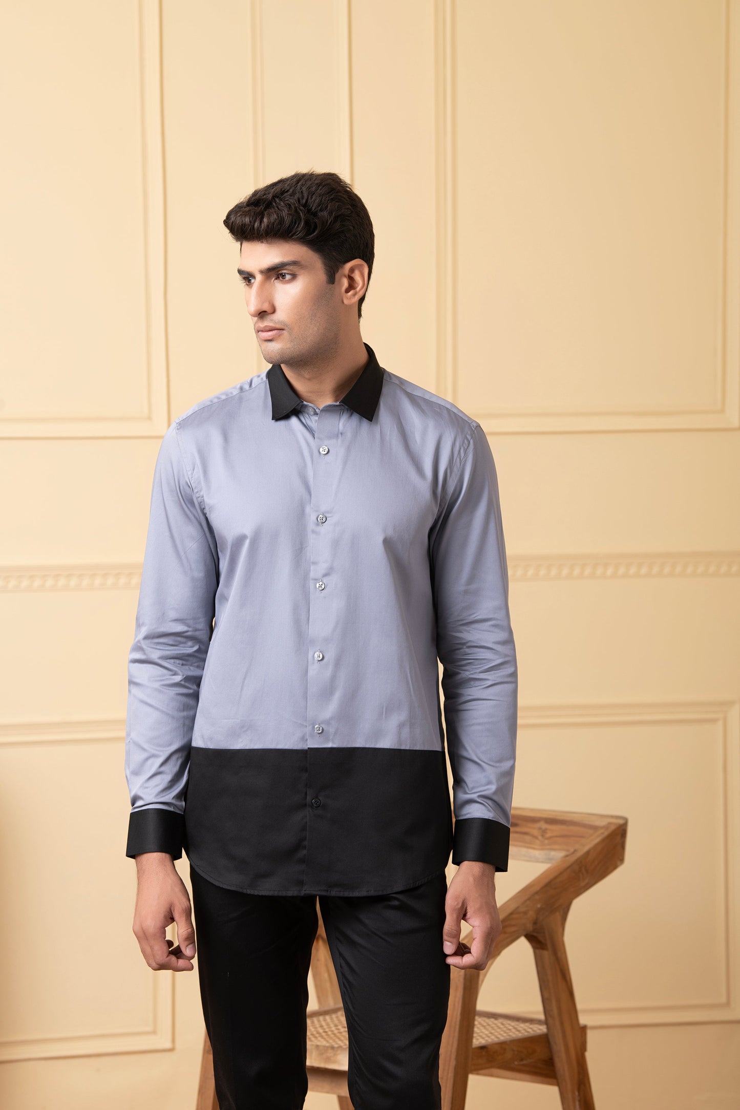 Grey Shirt With Black Patch Below The Pocket, And Black Collar by Hilo Design - Distacart