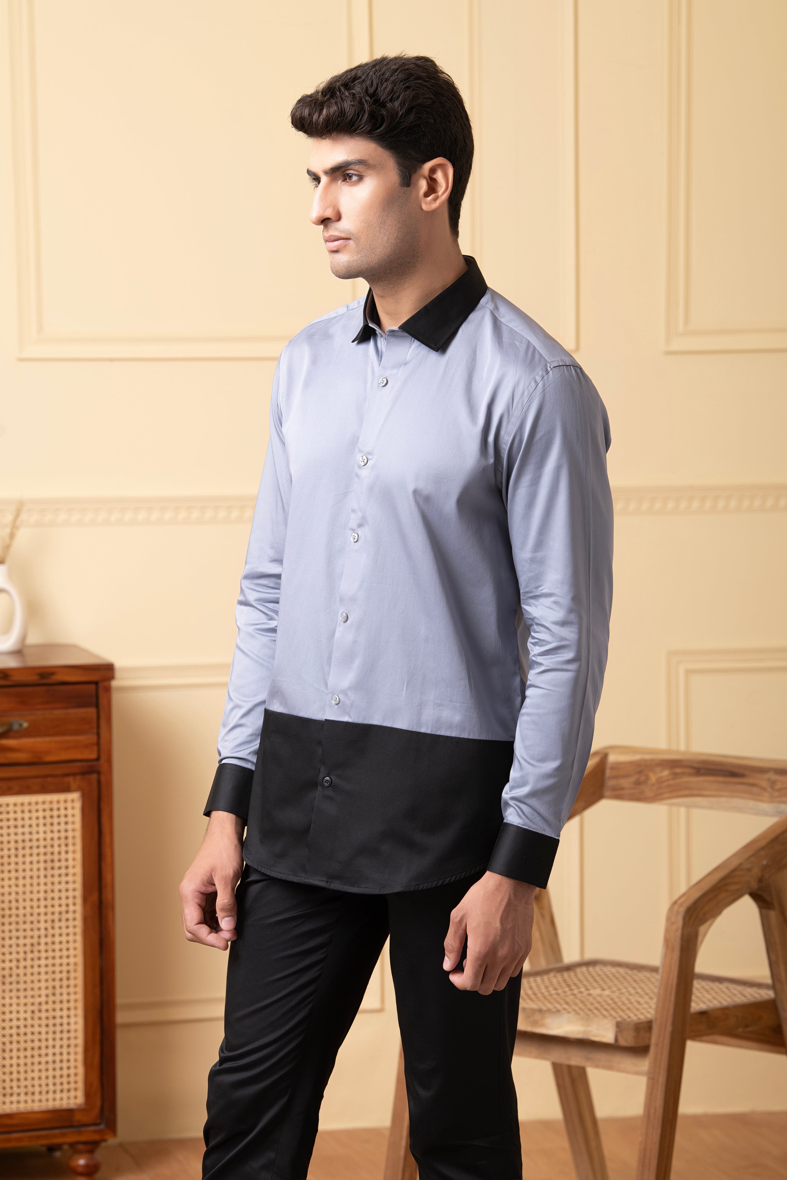 Grey Shirt With Black Patch Below The Pocket, And Black Collar by Hilo Design - Distacart