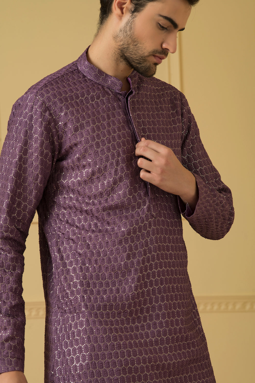 Purple Lucknowi Threadwork Kurta by Hilo Design - Distacart