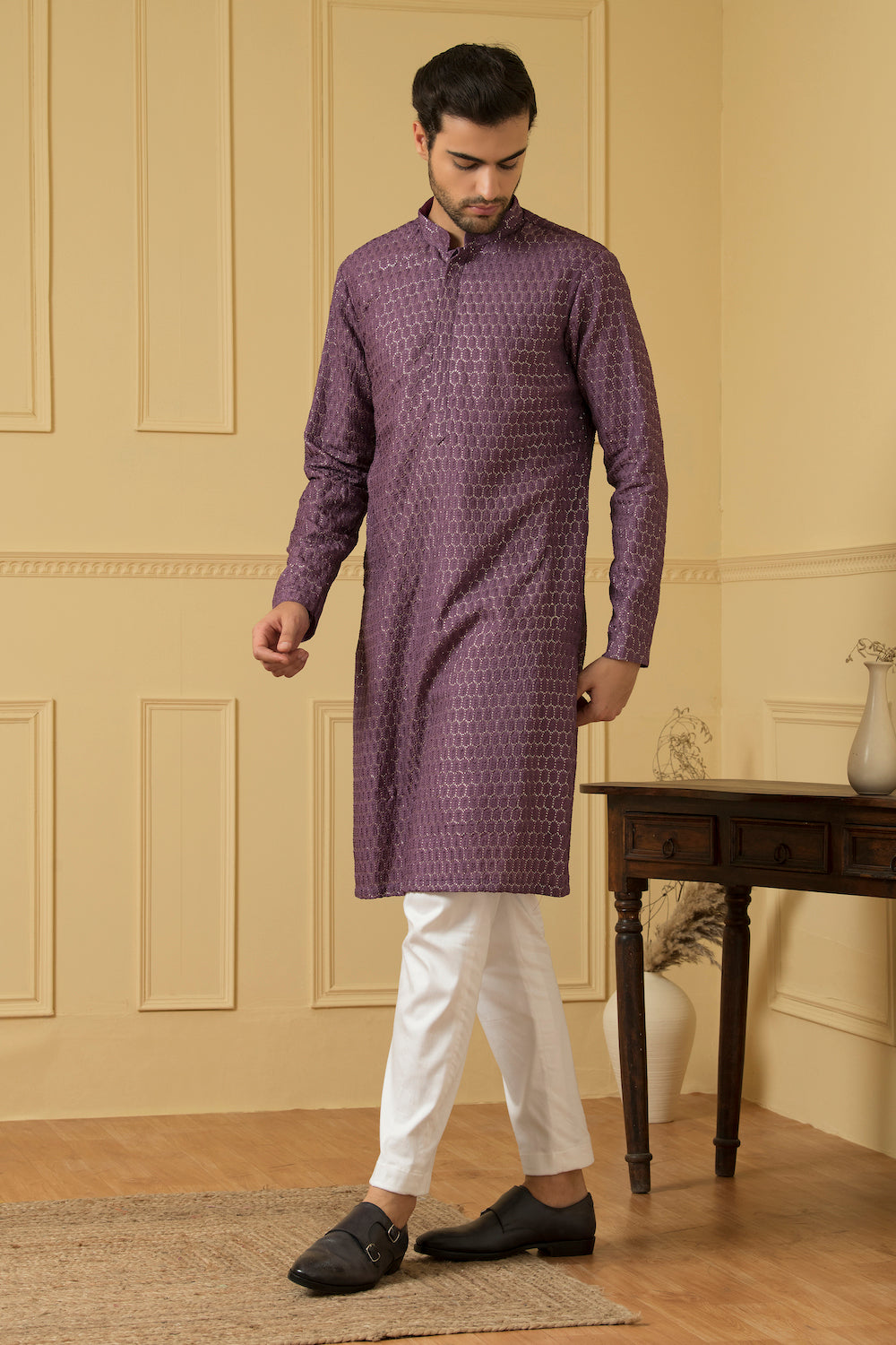 Purple Lucknowi Threadwork Kurta by Hilo Design - Distacart
