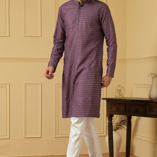 Purple Lucknowi Threadwork Kurta by Hilo Design - Distacart