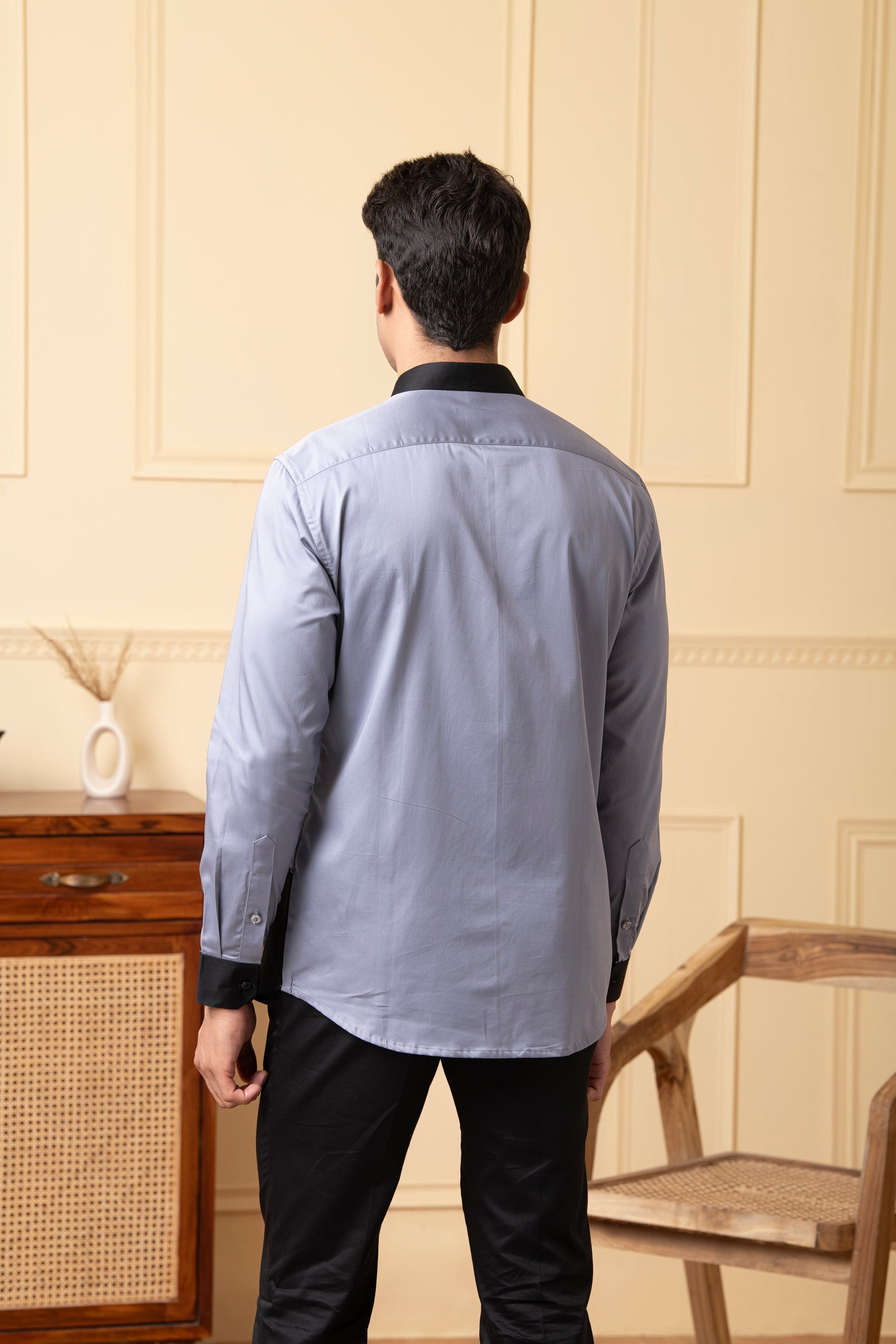Grey Shirt With Black Patch Below The Pocket, And Black Collar by Hilo Design - Distacart