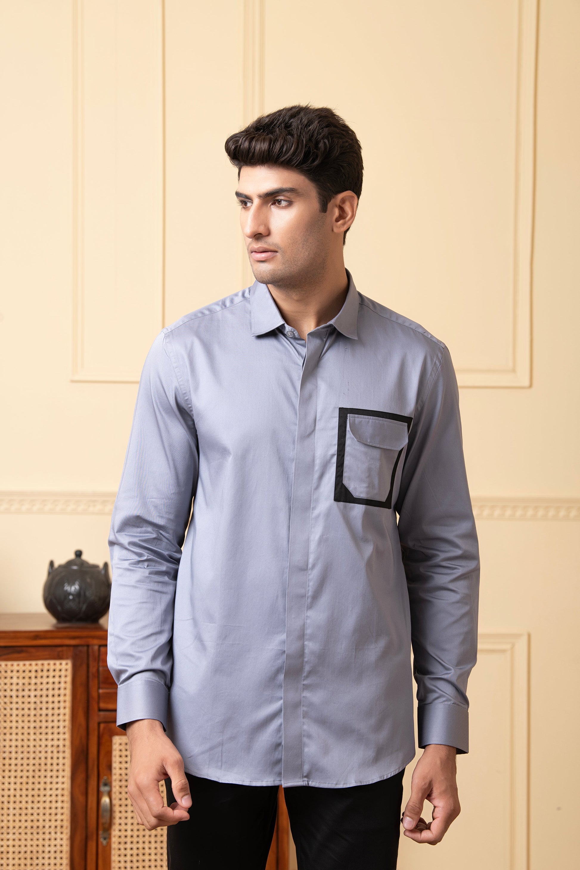 Black Shirt With Grey And White Patch by Hilo Design - Distacart