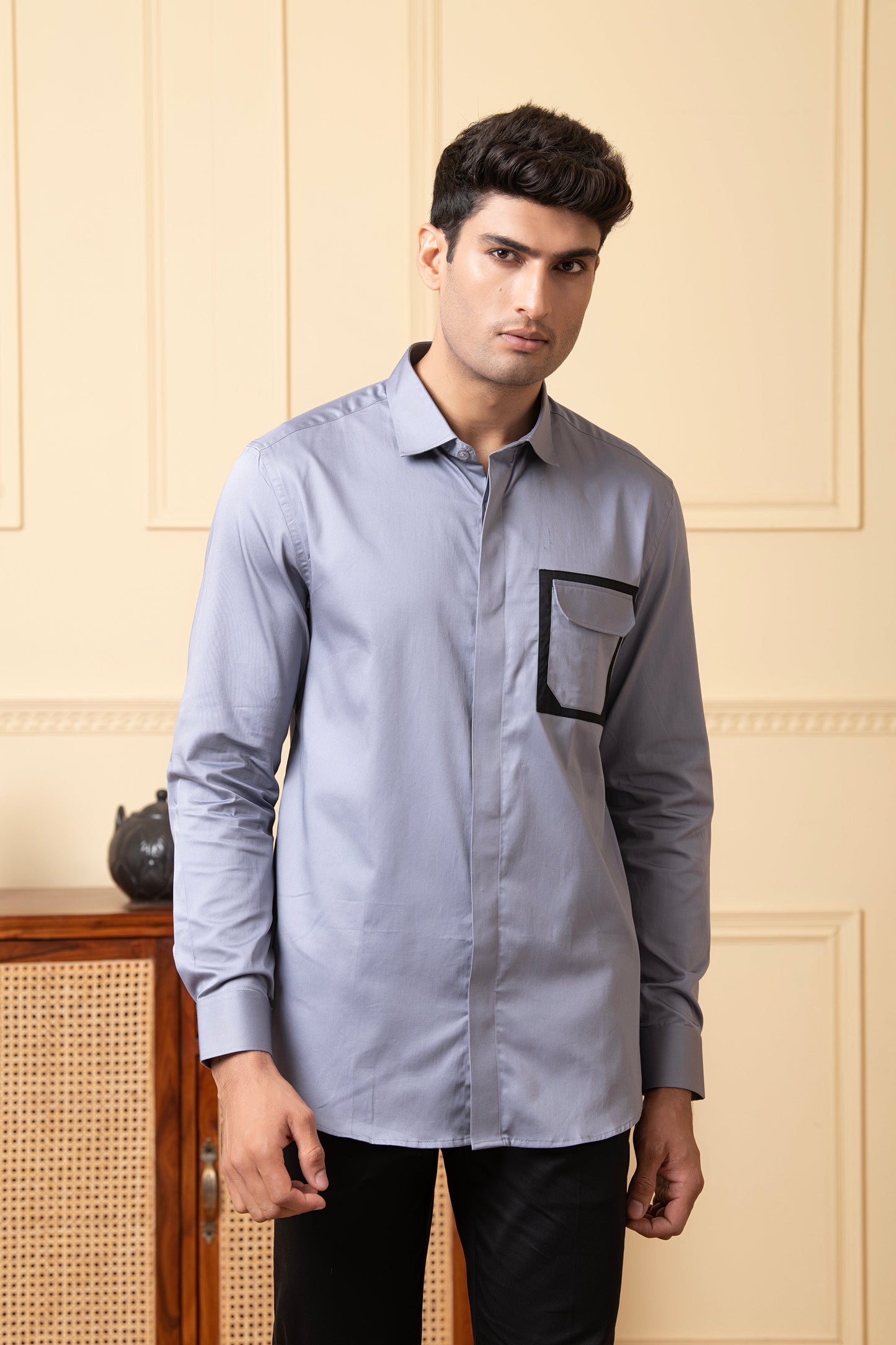 Black Shirt With Grey And White Patch by Hilo Design - Distacart