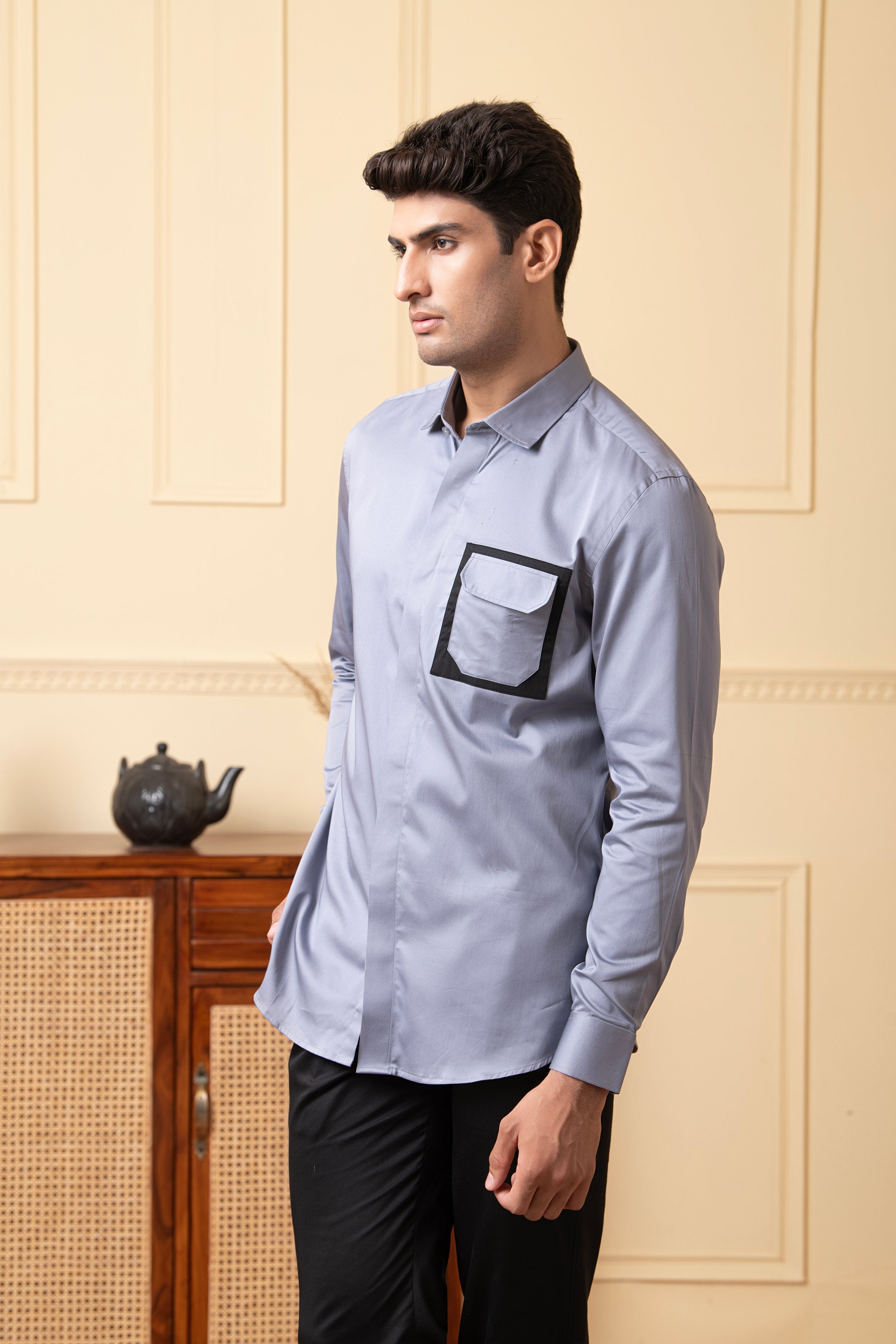 Black Shirt With Grey And White Patch by Hilo Design - Distacart