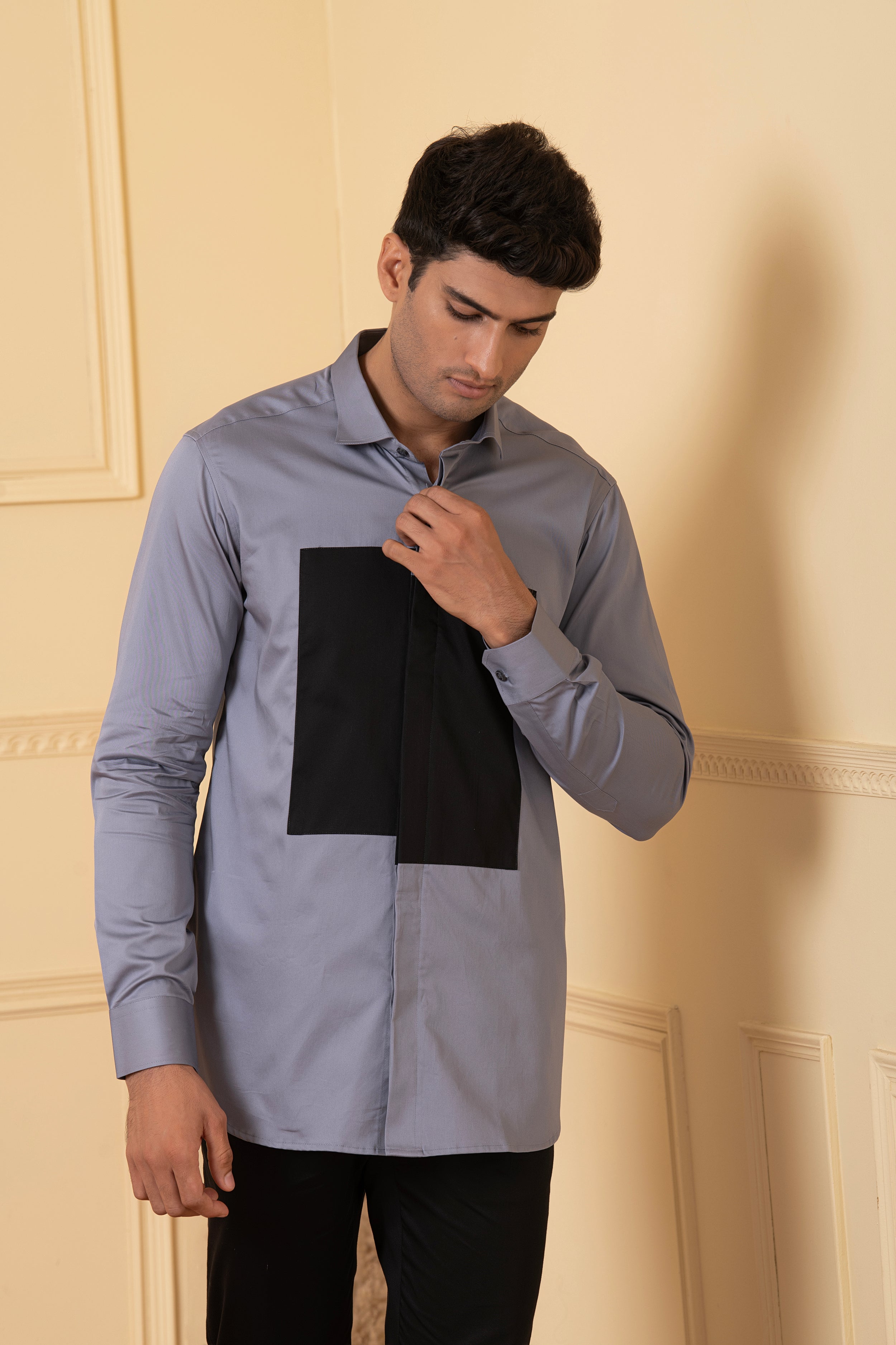 Grey Shirt With Black Patch Box by Hilo Design - Distacart