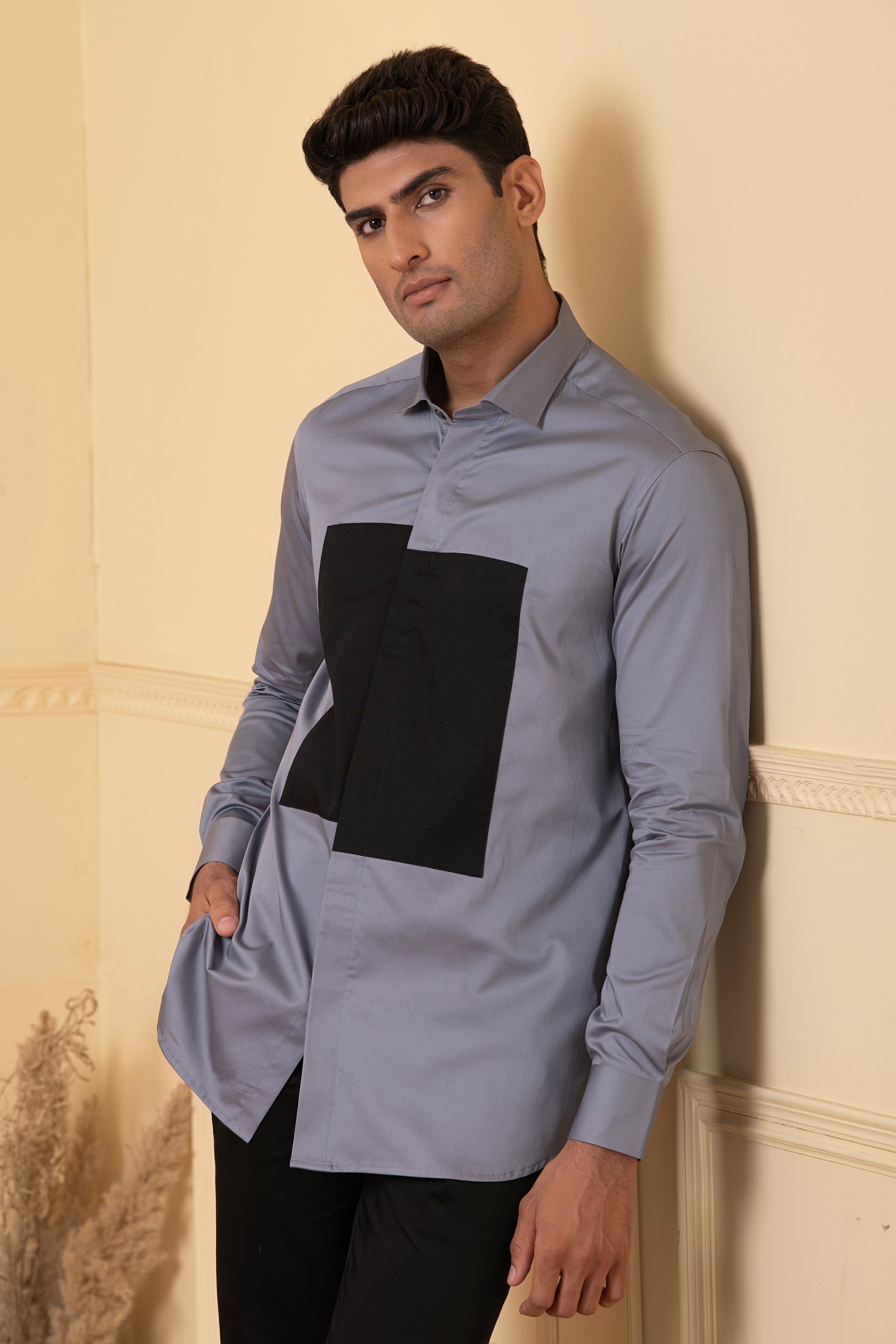 Grey Shirt With Black Patch Box by Hilo Design - Distacart