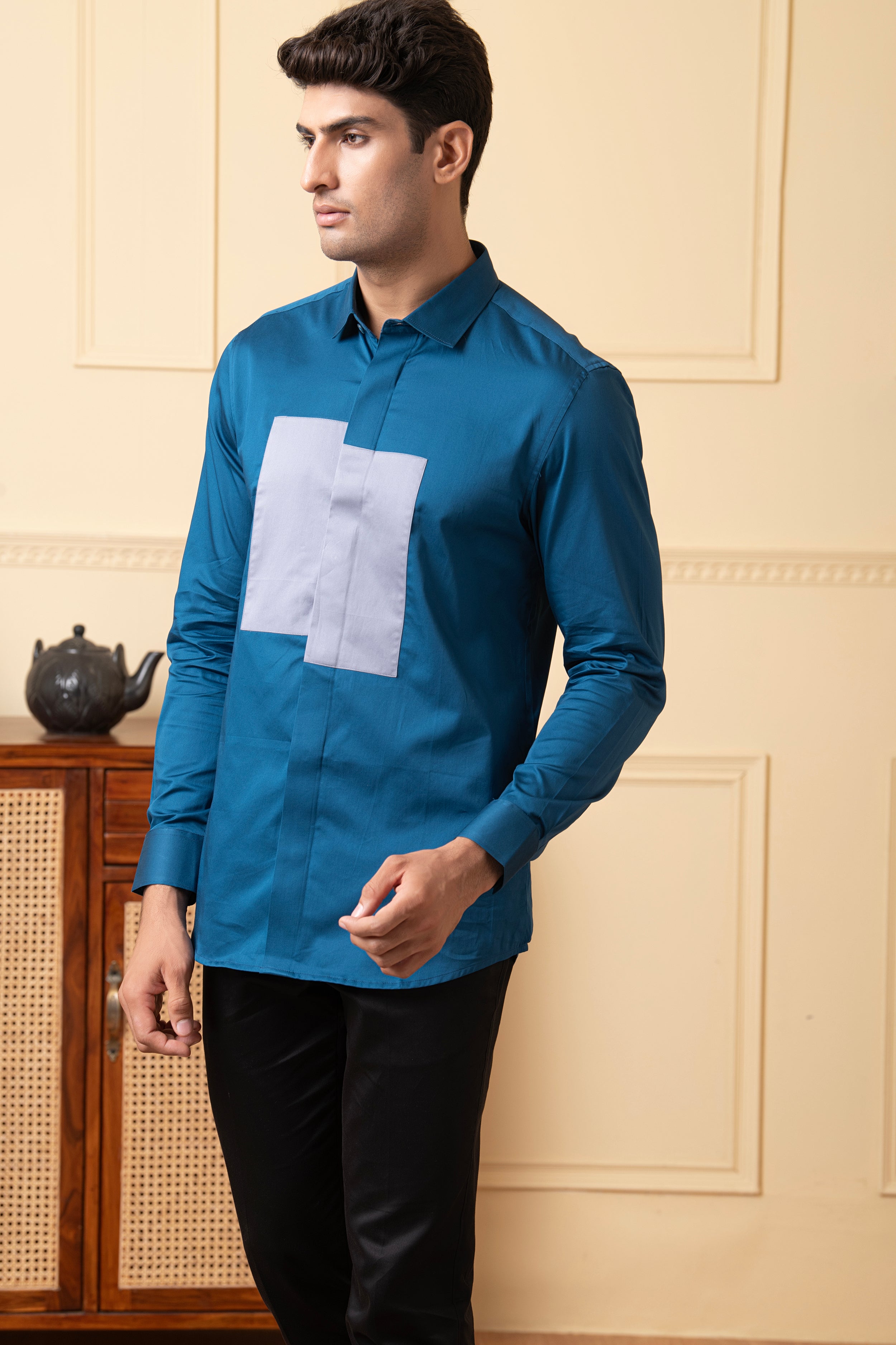 Blue Shirt With A Grey Patch Box by Hilo Design - Distacart