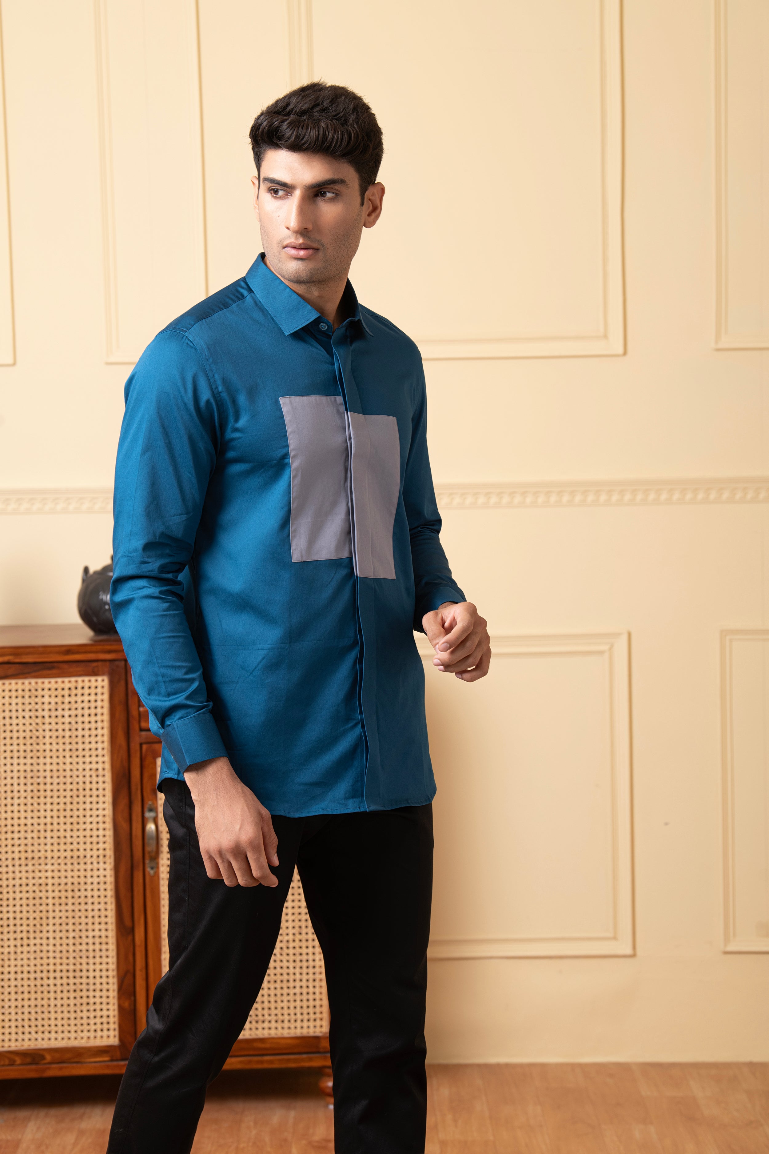 Blue Shirt With A Grey Patch Box by Hilo Design
