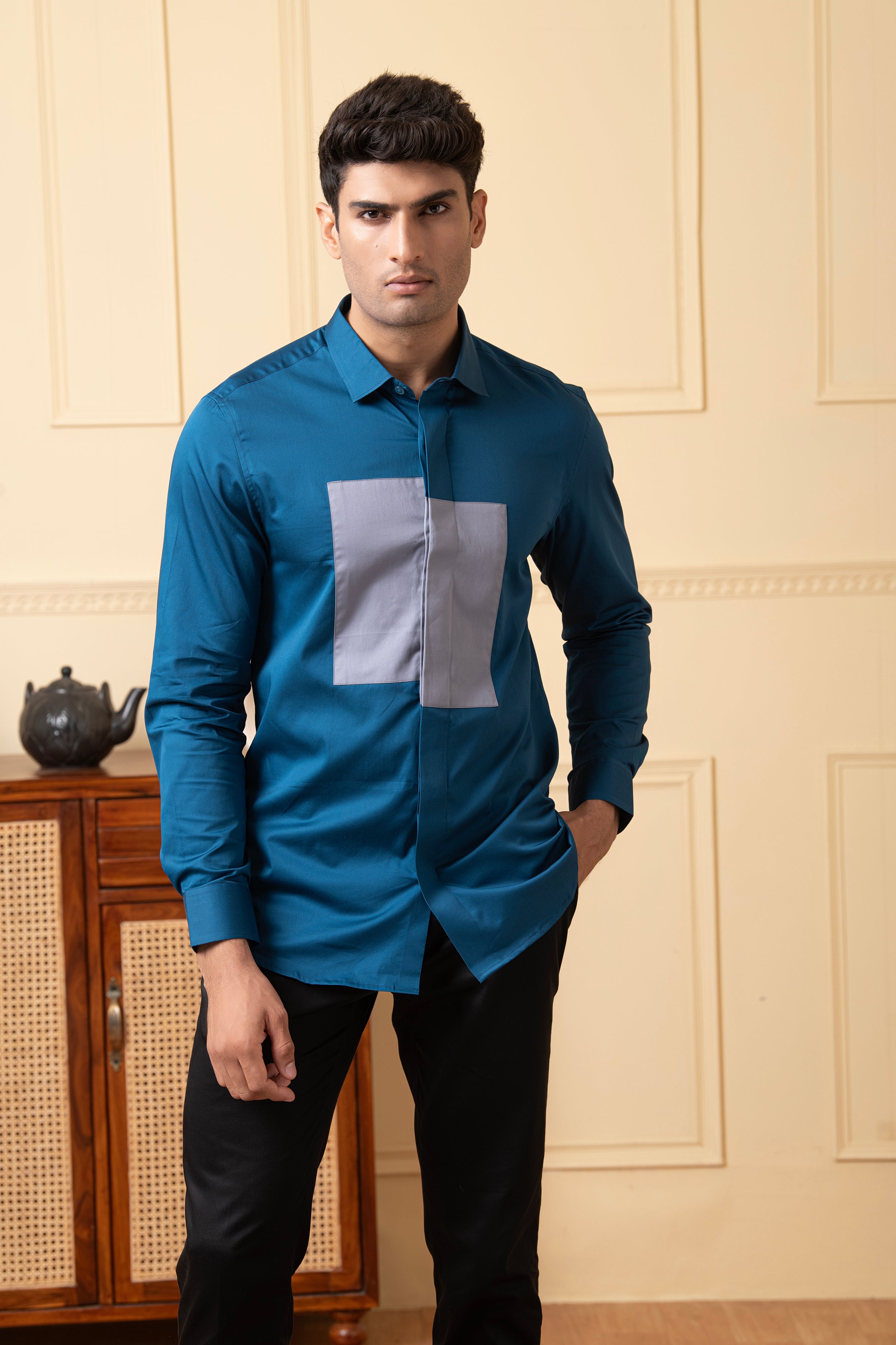 Blue Shirt With A Grey Patch Box by Hilo Design - Distacart