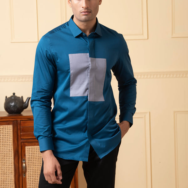 Blue Shirt With A Grey Patch Box by Hilo Design - Distacart