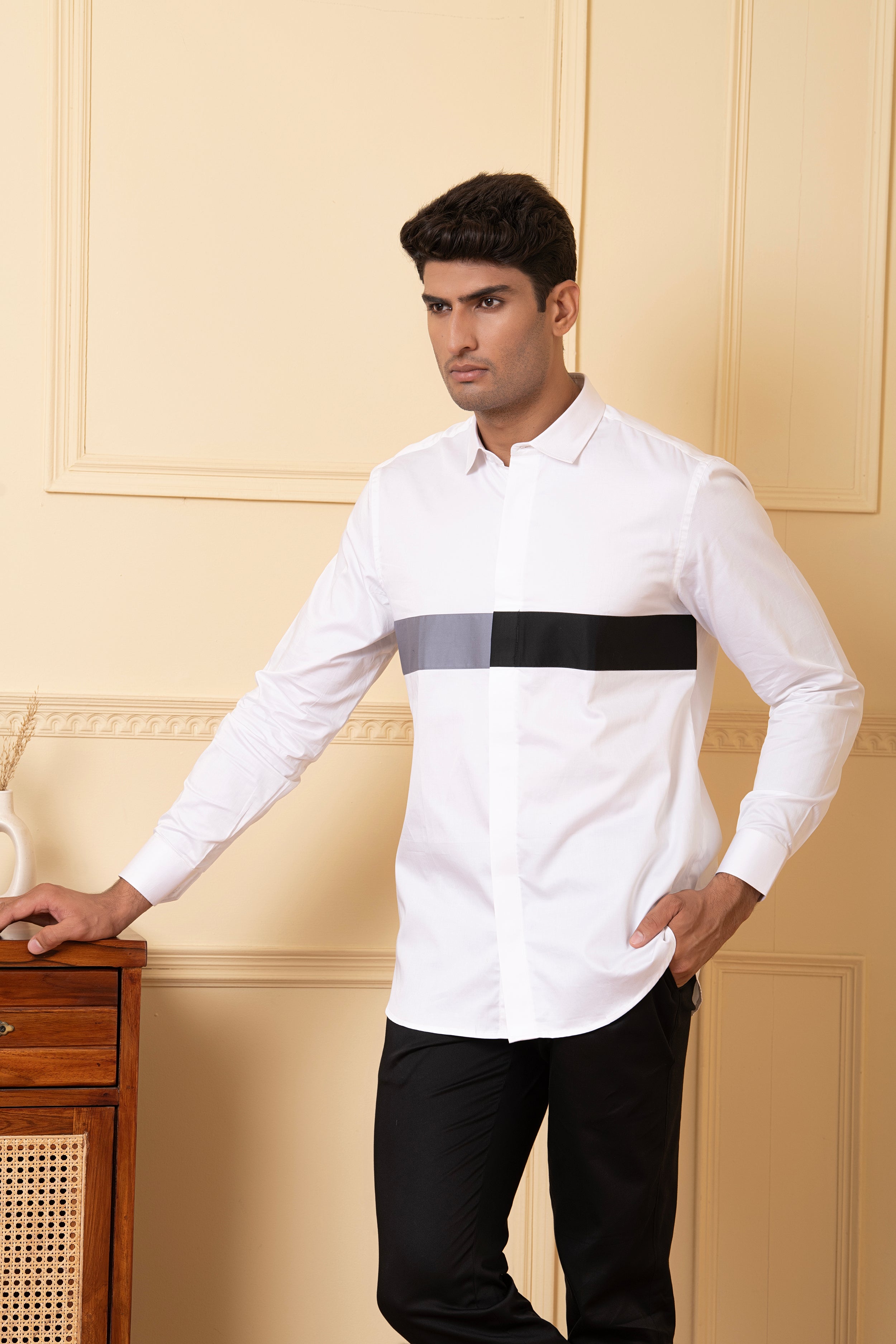 White Shirt With Grey And Black Horizontal Strip by Hilo Design - Distacart