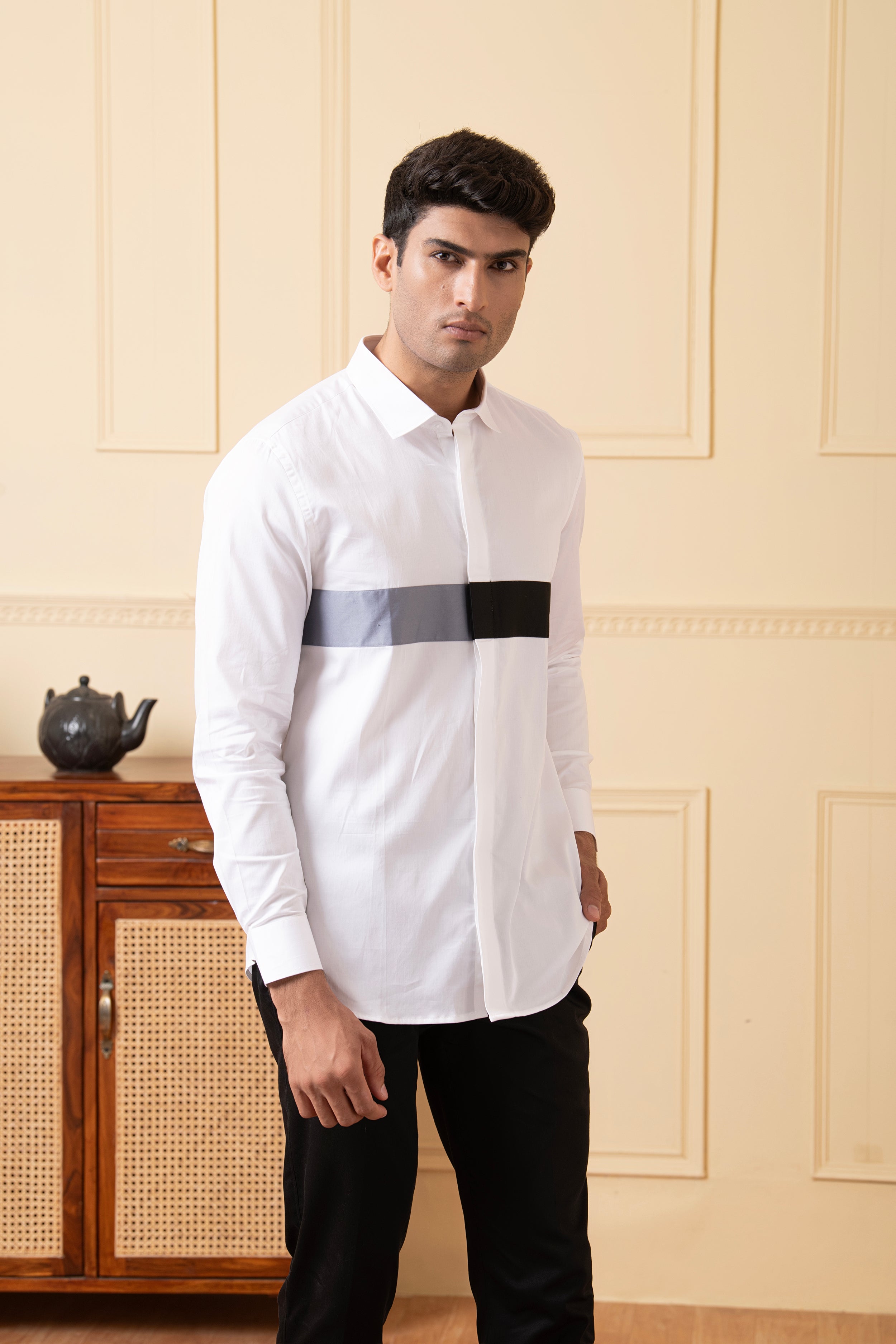 White Shirt With Grey And Black Horizontal Strip by Hilo Design - Distacart
