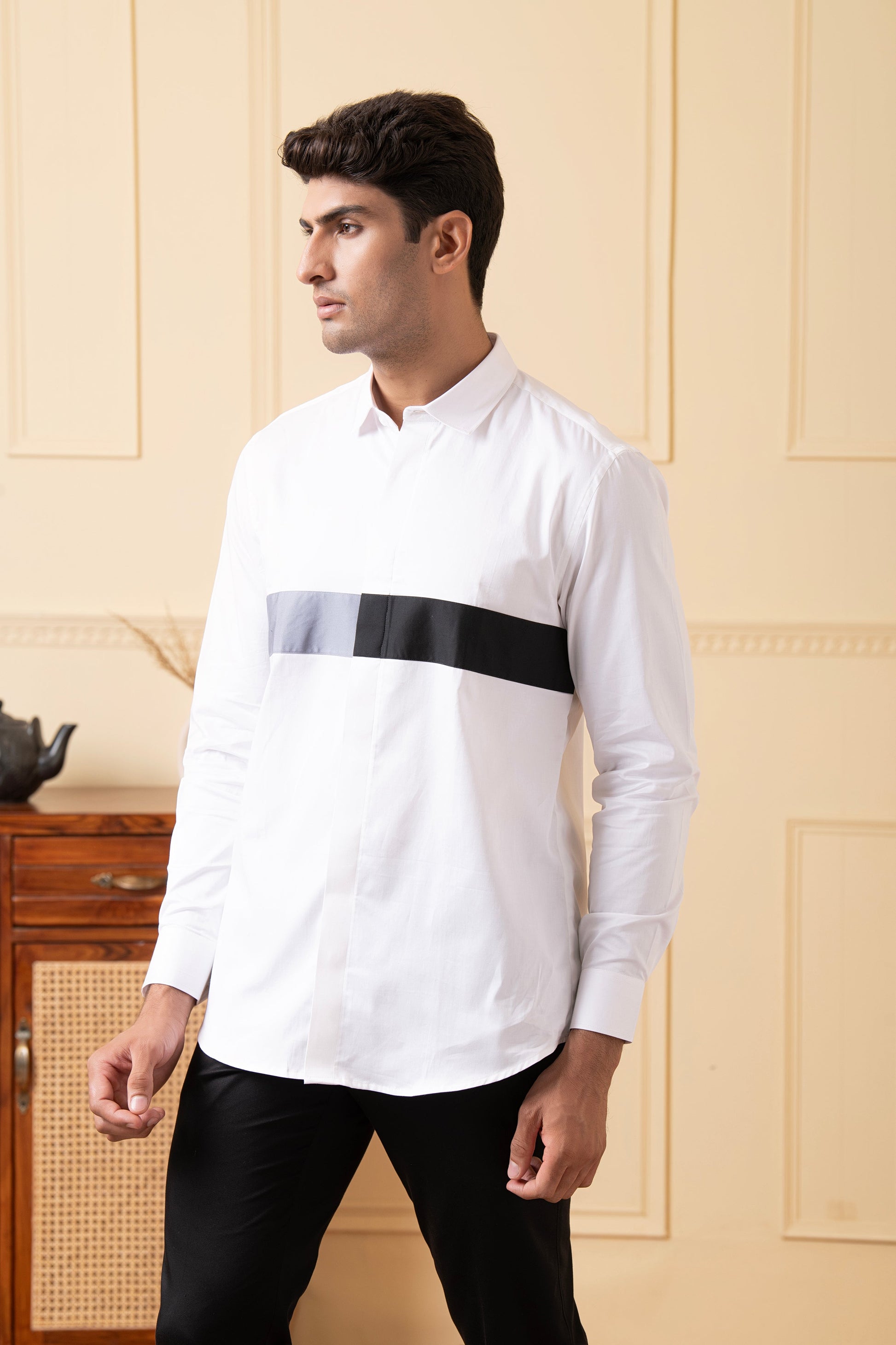 White Shirt With Grey And Black Horizontal Strip by Hilo Design - Distacart