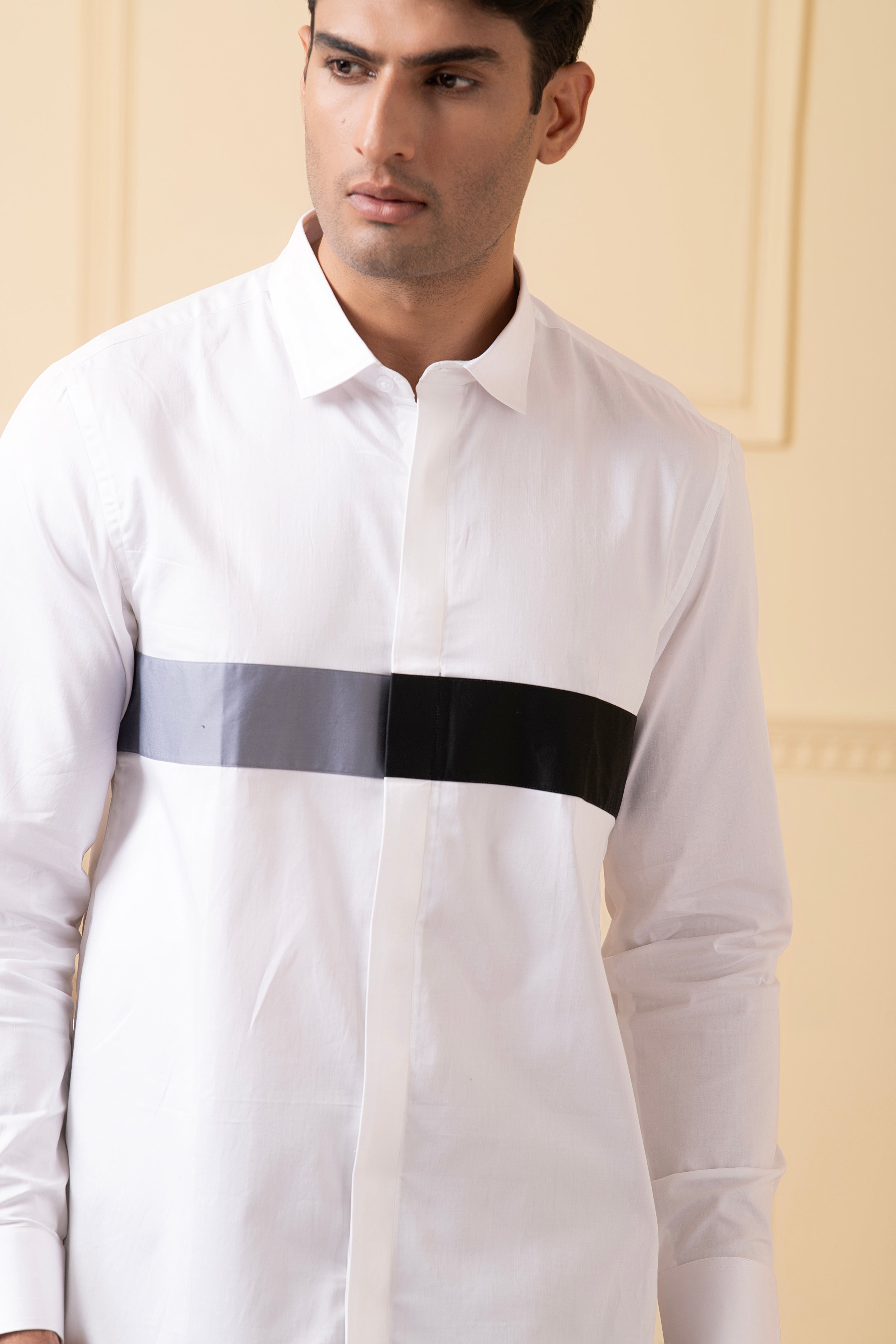 White Shirt With Grey And Black Horizontal Strip by Hilo Design