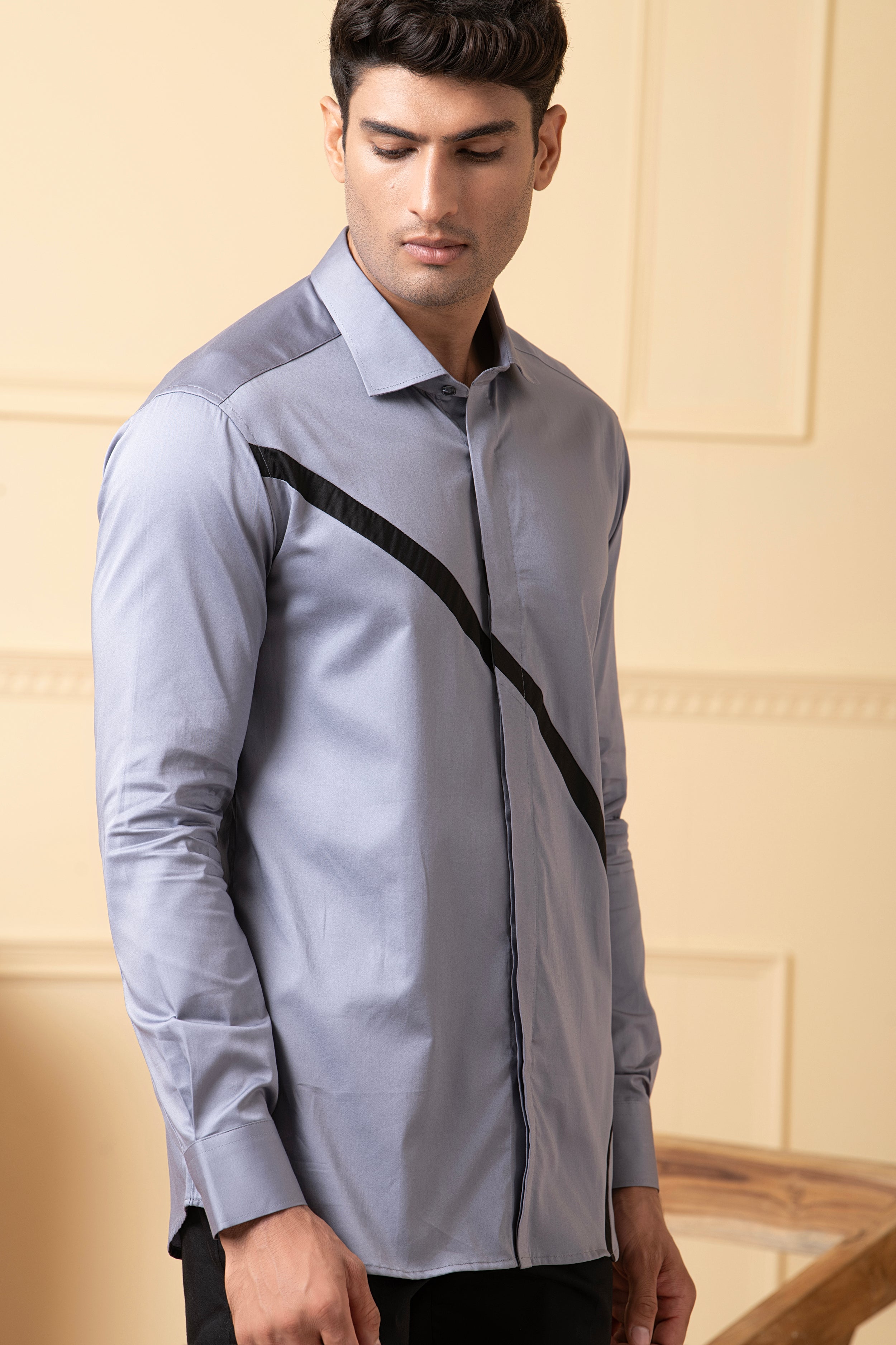 Grey Shirt With V-Shaped Black Strip by Hilo Design - Distacart