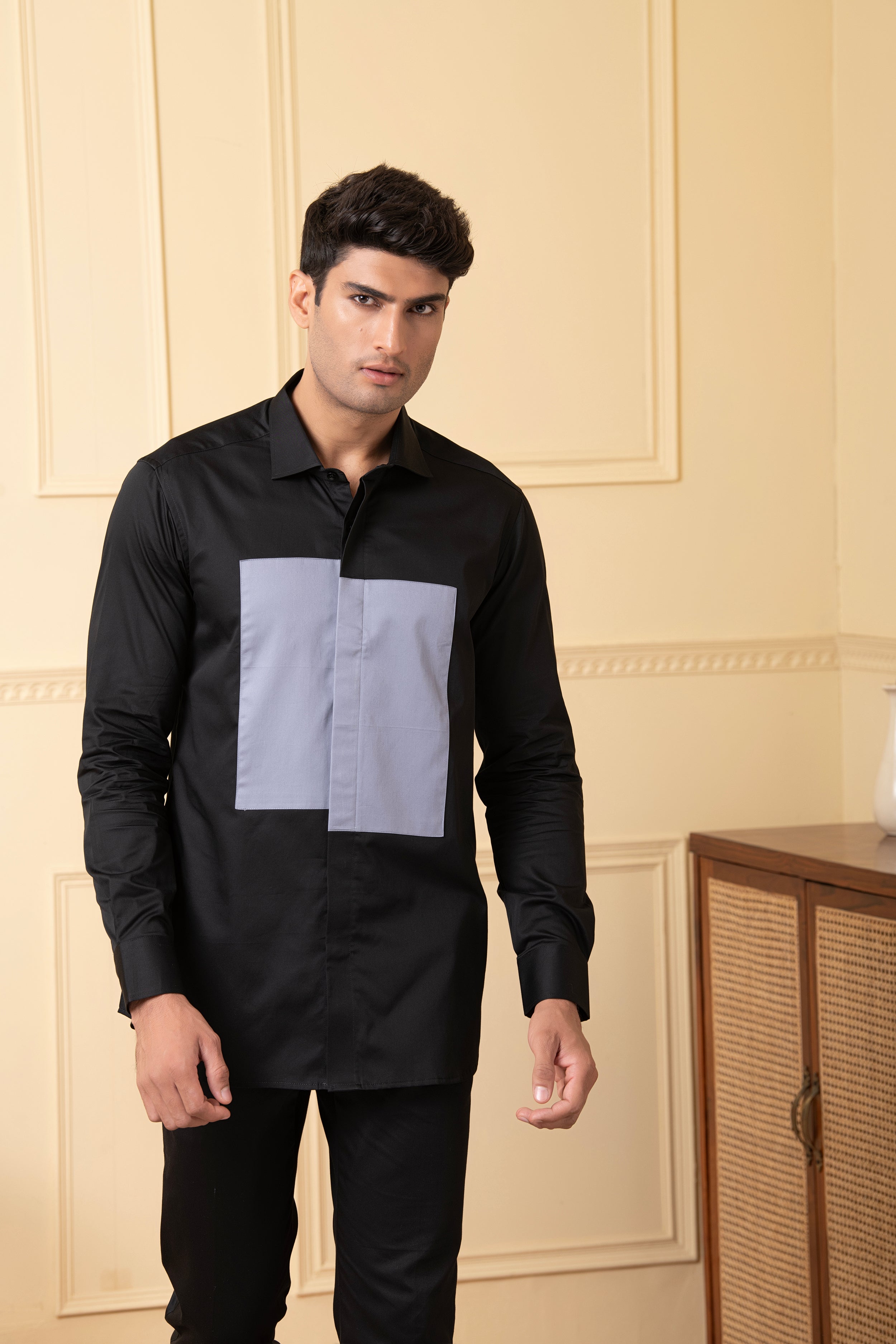 Black Shirt With Grey Patch Box by Hilo Design - Distacart