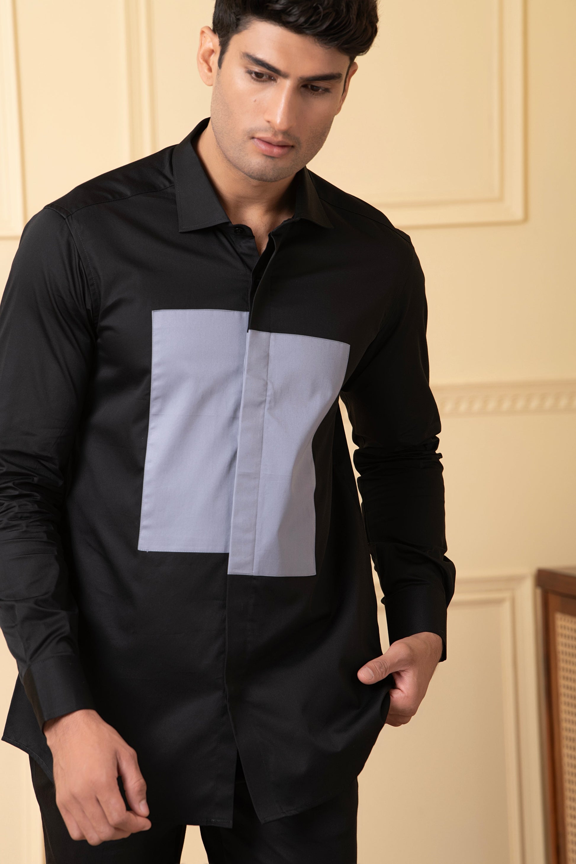 Black Shirt With Grey Patch Box by Hilo Design - Distacart