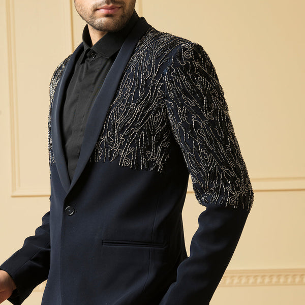 Blue Shawl Collar Blazer by Hilo Design - Distacart