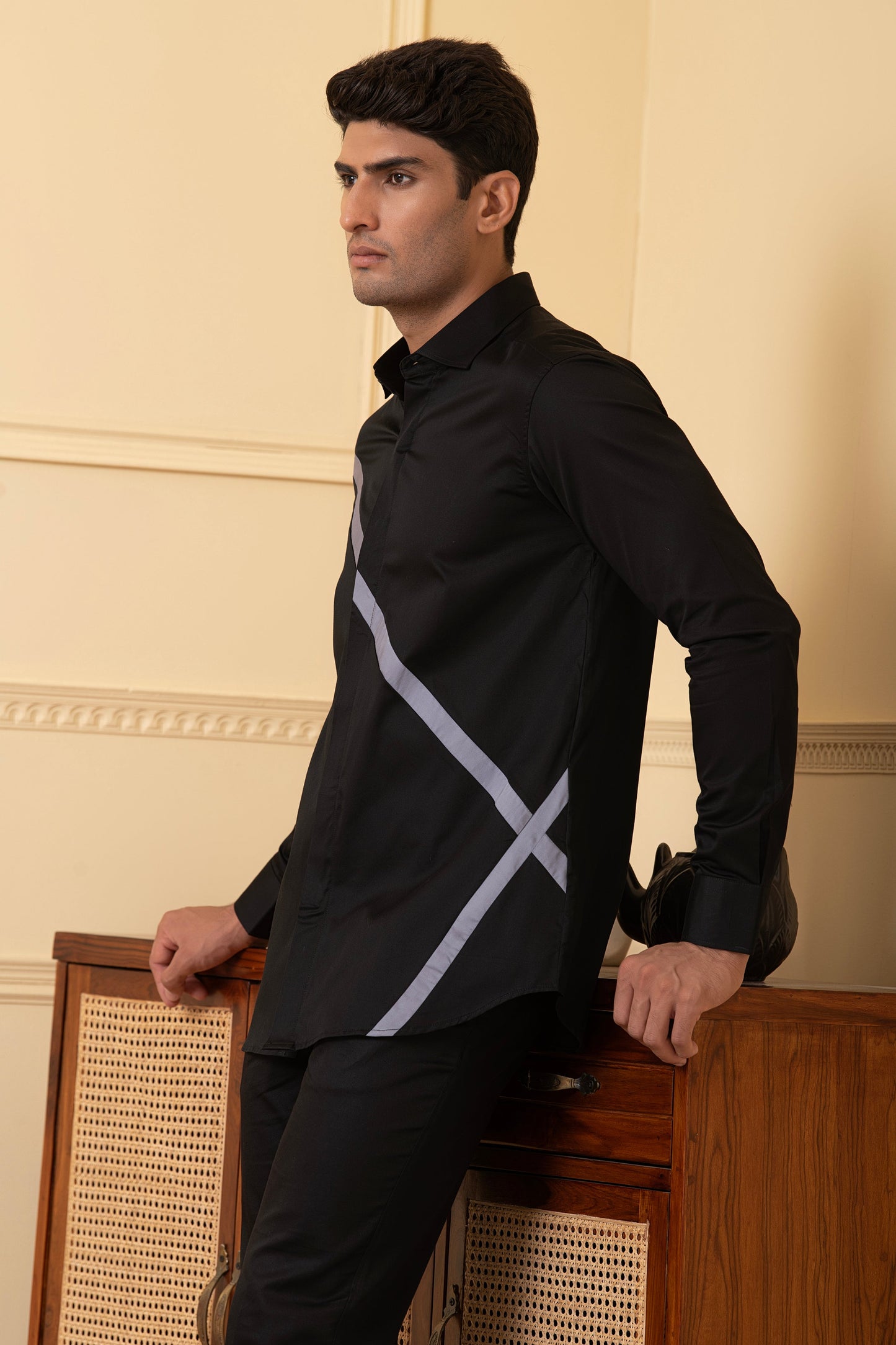 Black Shirt With V-Shaped Grey Strip by Hilo Design - Distacart