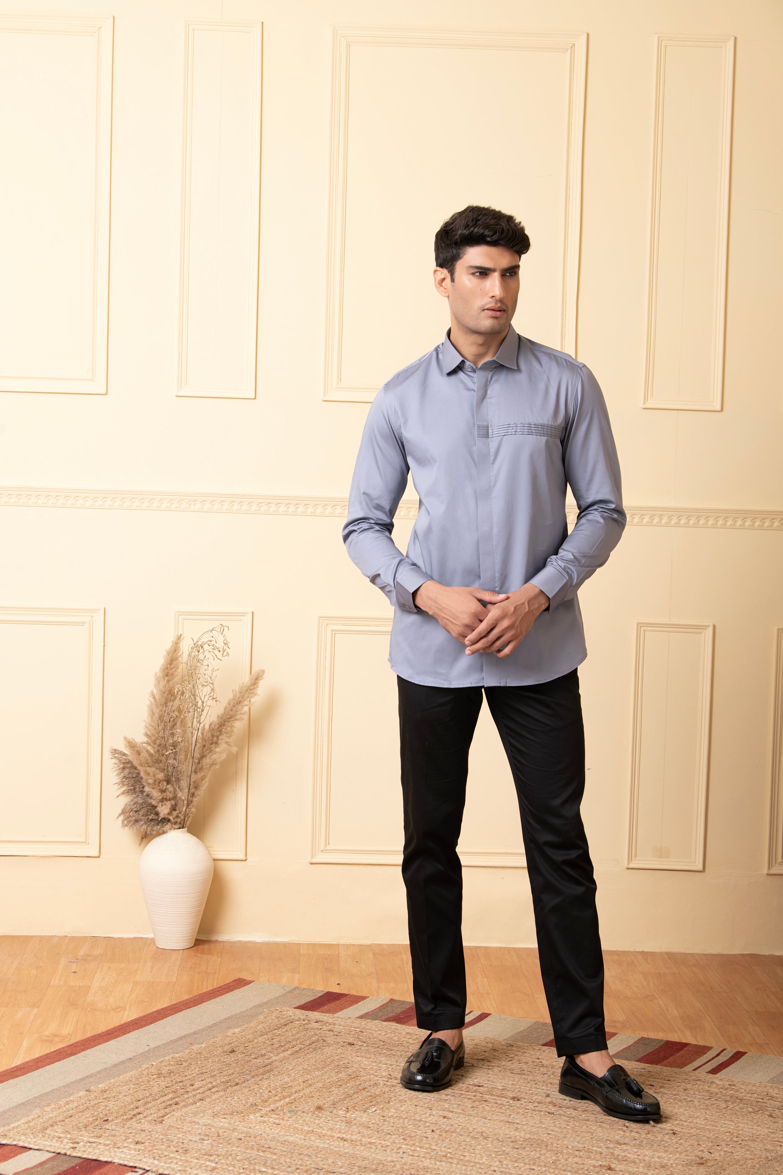Ragic Grey Pintuck Shirt by Hilo Design - Distacart