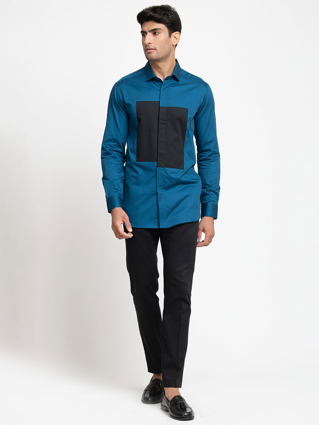 Blue Shirt With Black Patch Box Shirt by Hilo Design - Distacart