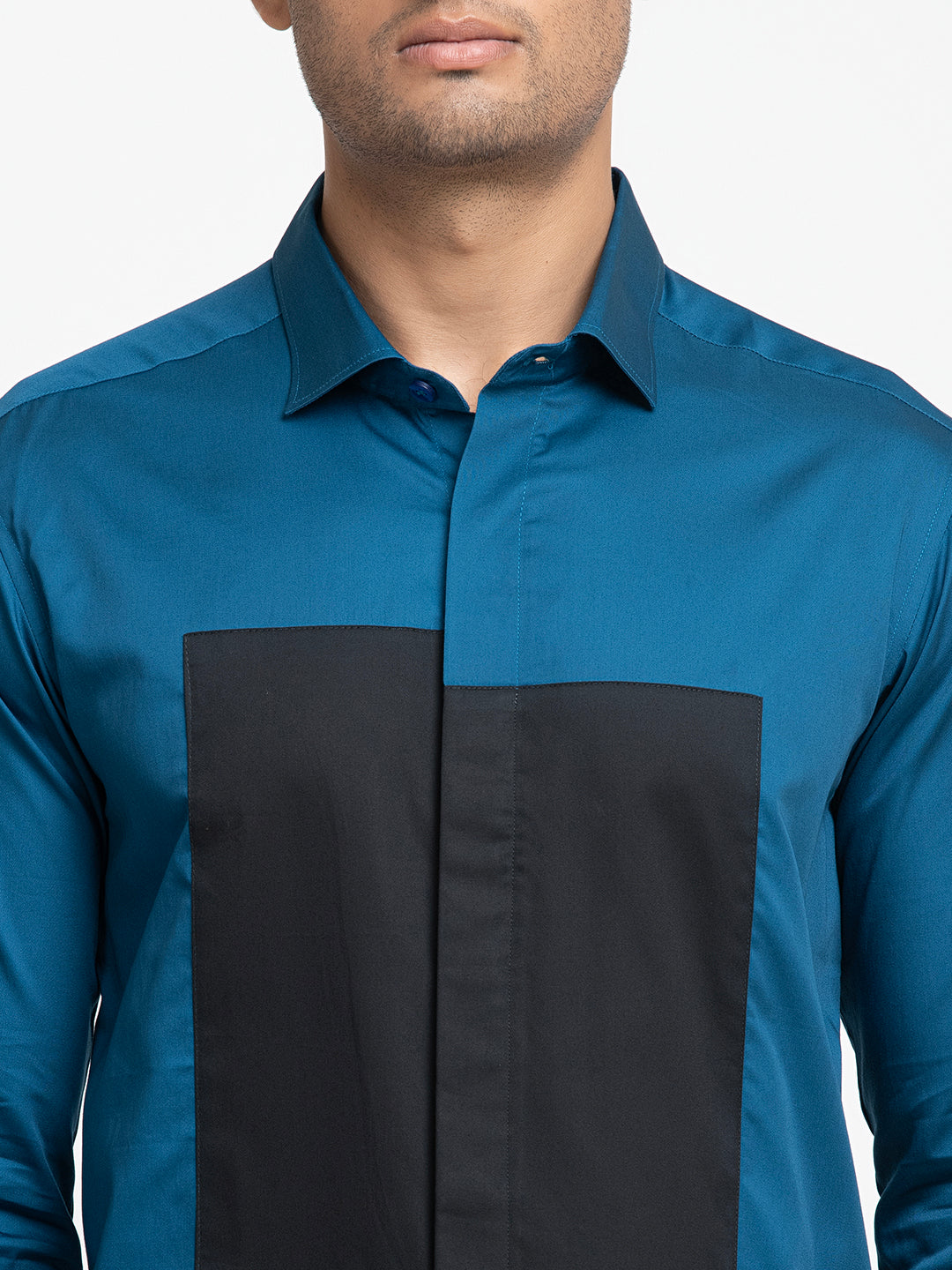 Blue Shirt With Black Patch Box Shirt by Hilo Design - Distacart