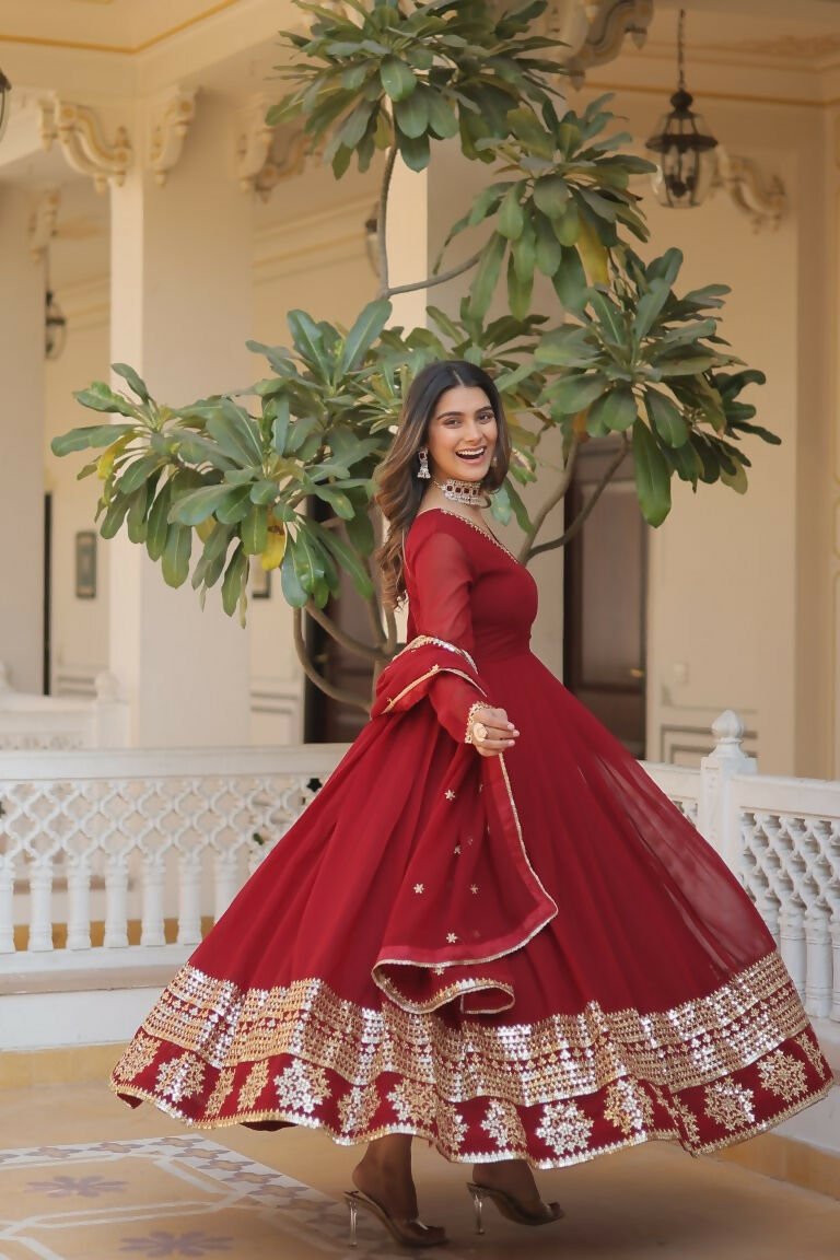 Aastha Fashion Women's Maroon Faux Georgette Sequins Embroidered Anarkali Dress with Dupatta - Distacart
