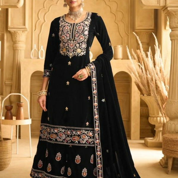 Anaita Black Embroidered with Beads Velvet Stitched Plazo Suit - Distacart