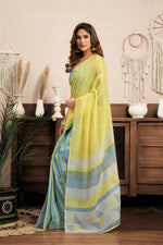 Thumbnail for Joban Fashion Bright Yellow Striped & Geomatric Linen Ready To Wear Saree With Unstitched Blouse - Distacart