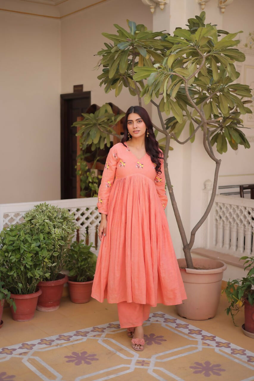 Teeya Creation Womens New Summer Wear Cotton Fabric With Embroidered Work Gown Set - Dista