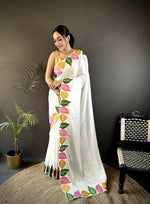Thumbnail for Prime Volt Multicolor Leaf Embroidery Rangoli Silk Saree with Scalloped Border-White - Dista