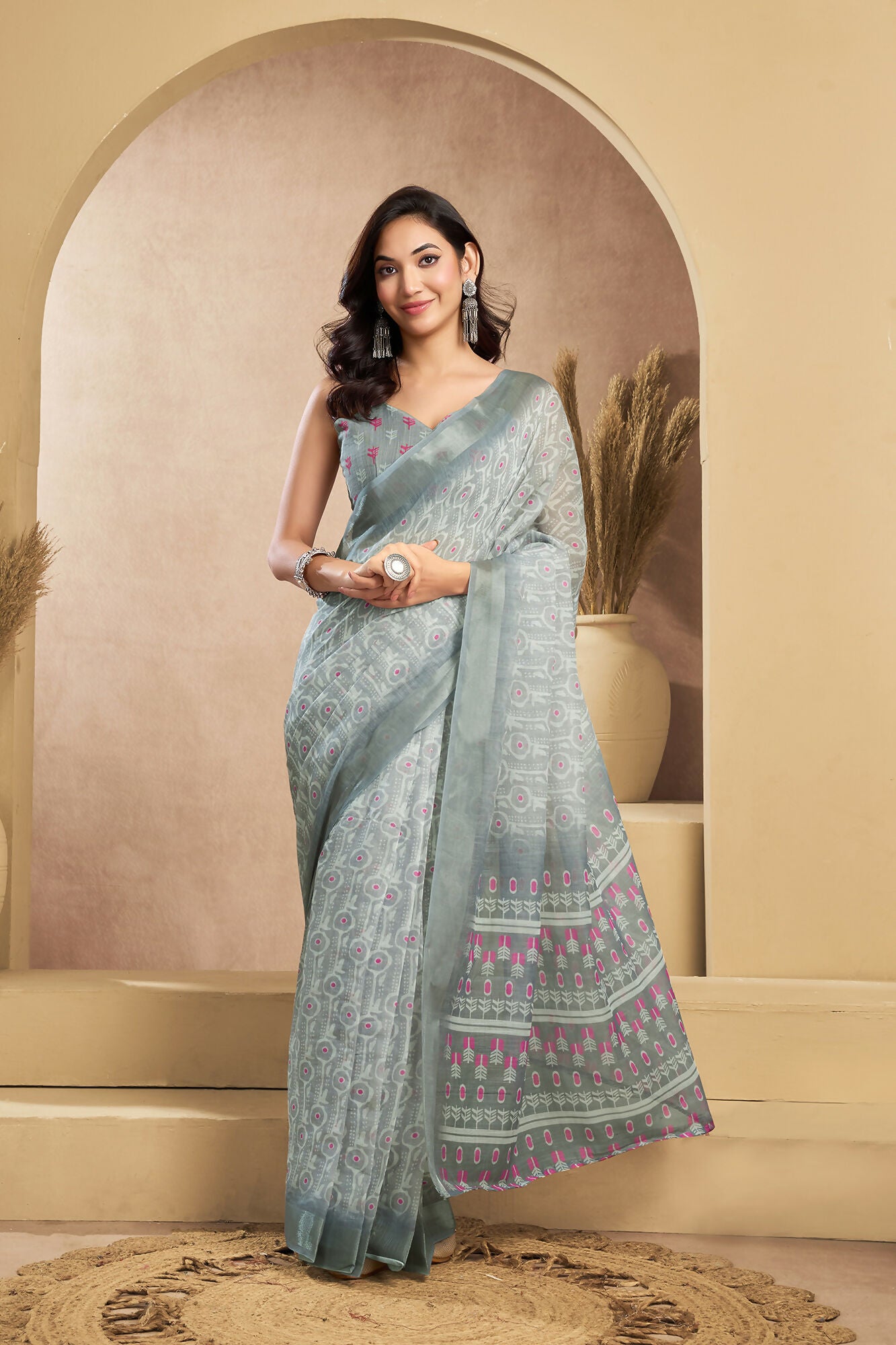 Vastranavya Grey Digital Printed Linen Ready To Wear Designer Saree with Unstitched Blouse - Distacart