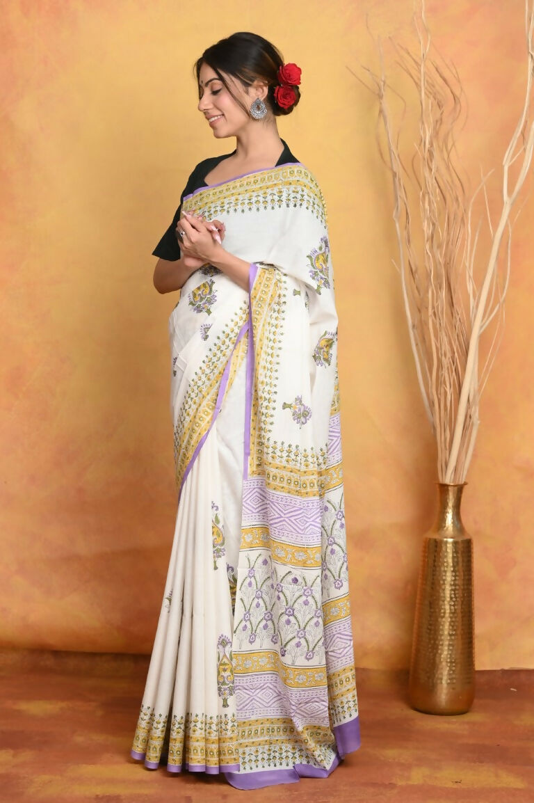 Very Much Indian Handblock Printed Cotton Saree With Natural Dyes - White - Distacart