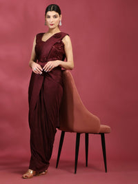 Thumbnail for Maroon Imported Crush Lycra Texture Pattern Ready to Wear Saree with stitched Blouse - Nirvana - Distacart