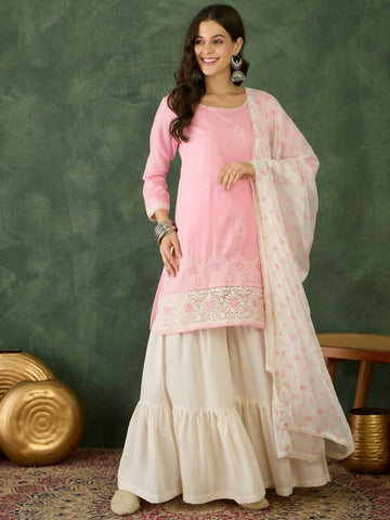 The52 Women's Gorgeous Embroidery Work Cotton Satin Fabric Straight Kurta Sharara and Dupatta Set - Dista