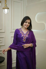 Thumbnail for The52 Purple Women's Gorgeous Vichitra Fabric Embroidered Work Straight Kurta Pant and Dupatta Set - Distacart