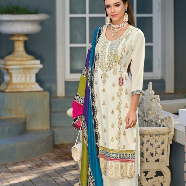 Anaita White Premium Embroidered Chinon Stitched Salwar Suit - Distacart