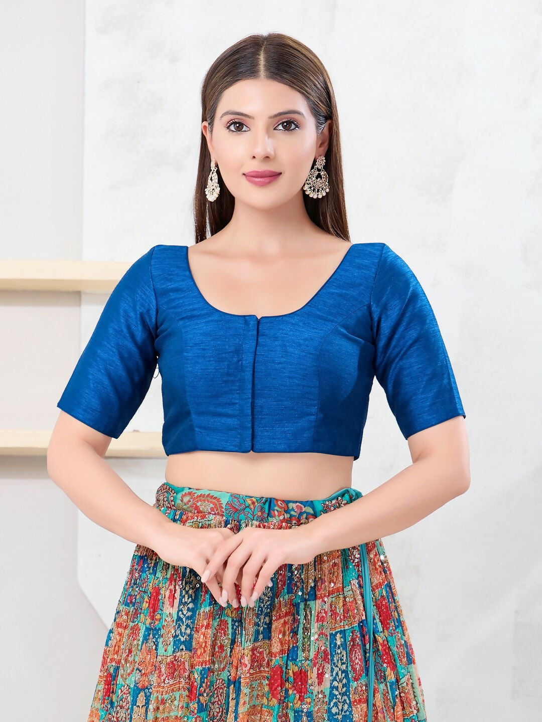 Joban Fashion Fire-Blue Dupion Silk Elbow Sleeveless Front Open Blouse