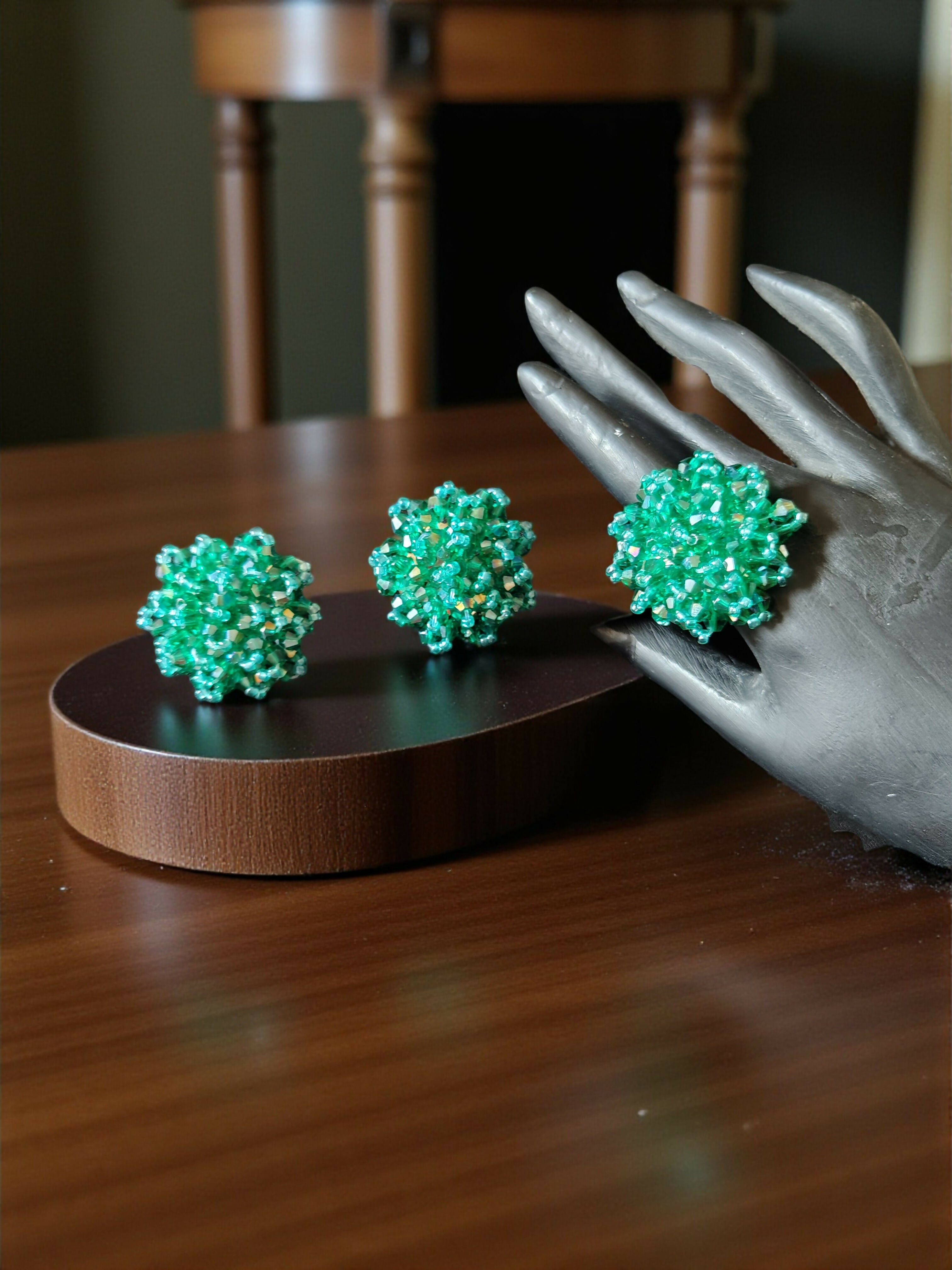 Inhanns Rangmani Crystal Duo – Adjustable Ring + Statement Earrings Set - Sea Green - Distacart