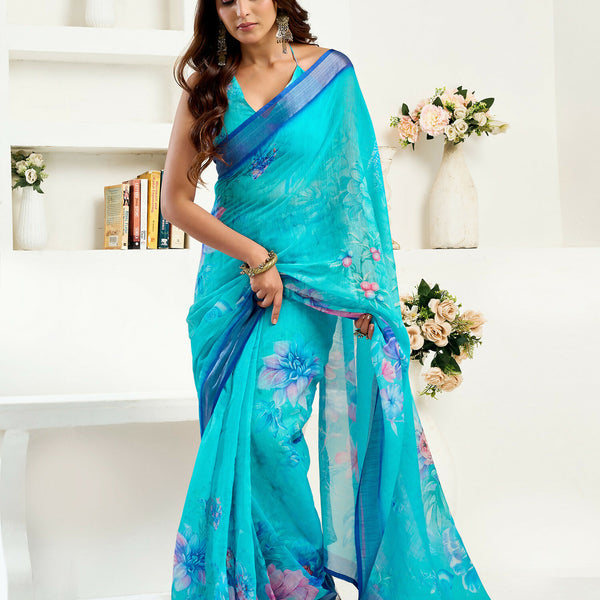 Joban Fashion Turquoise  Floral Linen Ready To Wear Saree With Unstitched Blouse - Distacart