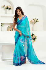 Thumbnail for Joban Fashion Turquoise  Floral Linen Ready To Wear Saree With Unstitched Blouse - Distacart