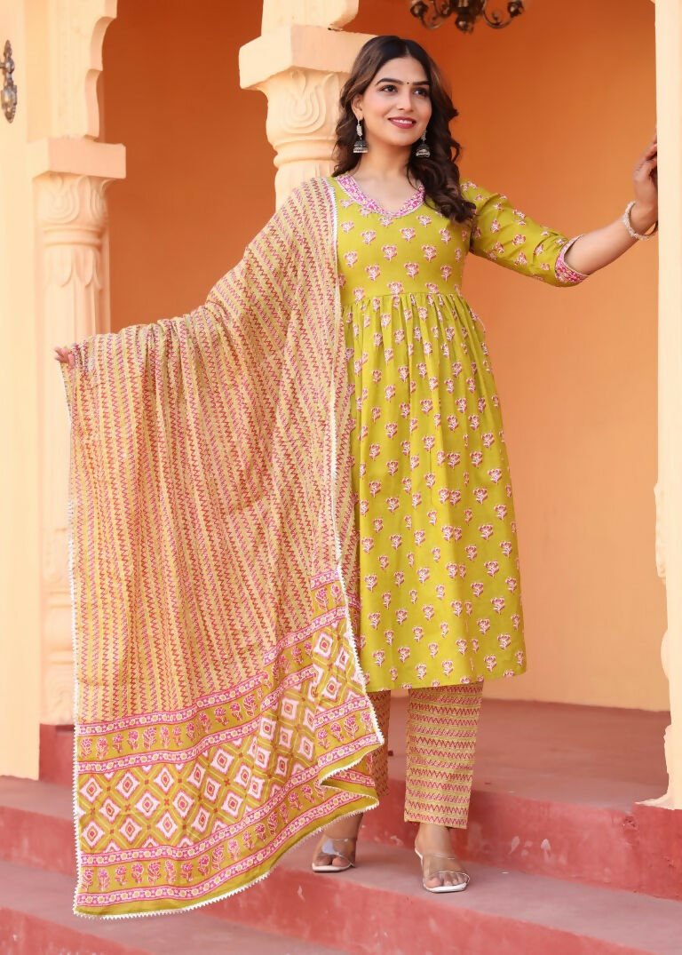 Alvano Printed Naira Cut Kurti Kurti with Pant and Dupatta Set for Women's and Girls Cotton - Distacart